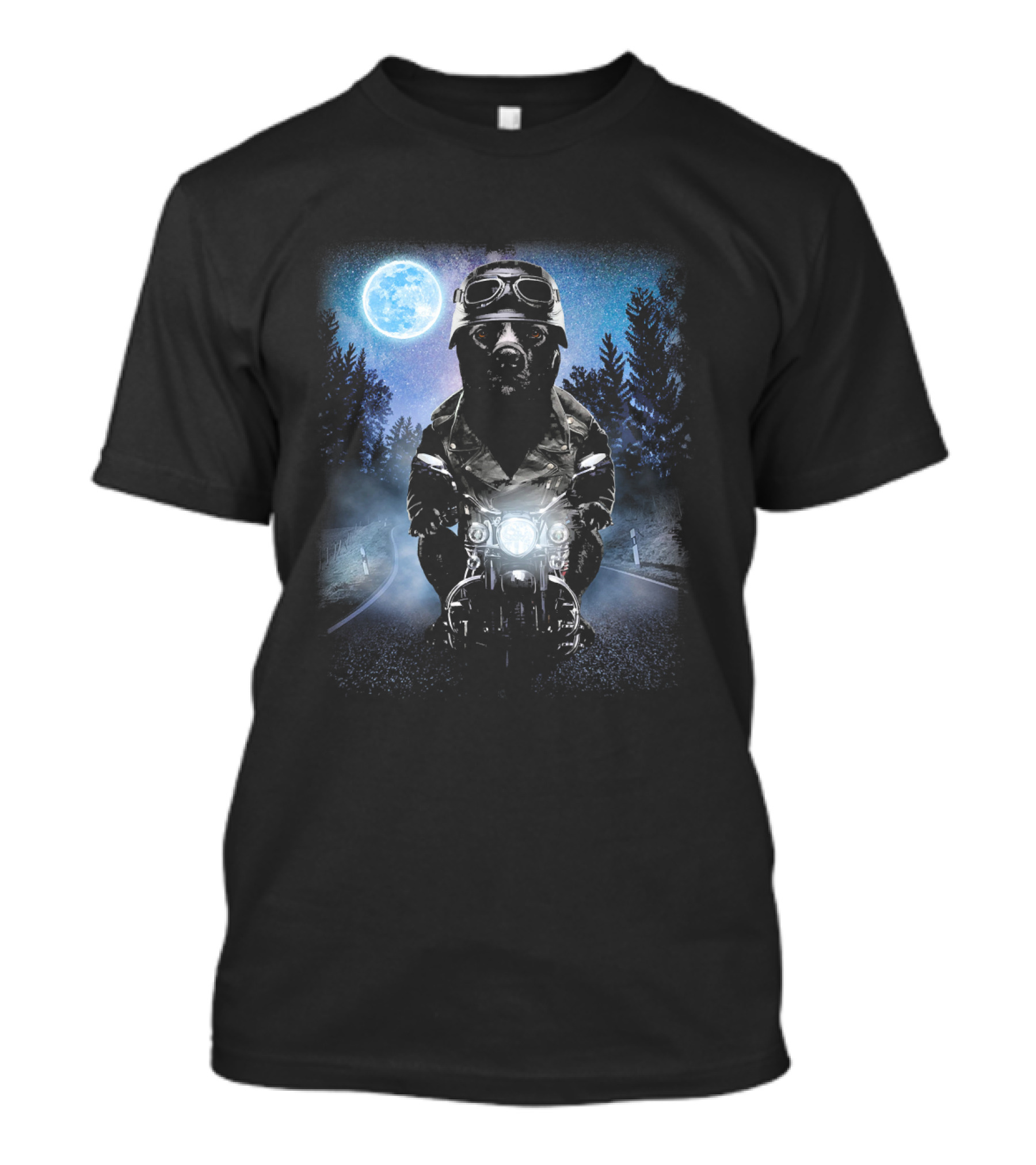 Black Pit Bull Riding Motorcycle Under Full Moon Icy Moo T-Shirt