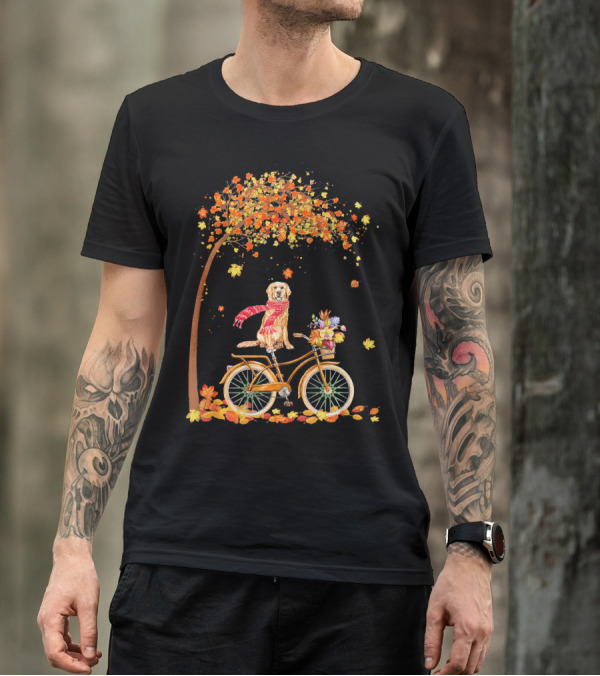 Golden Retriever With Scarf On Bicycle Under Autumn Tree T-Shirt