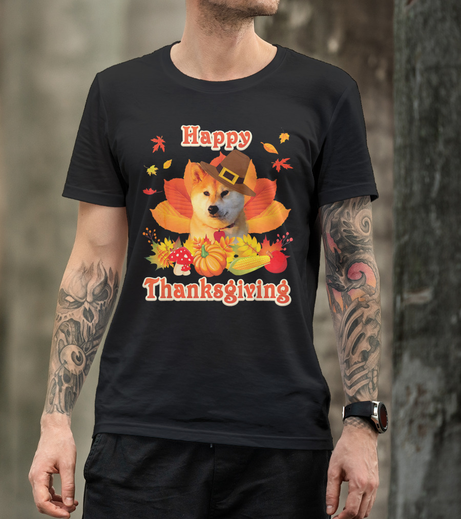 Happy Thanksgiving Akita Japanese Inu With Autumn Leaves And Harvest Icons T-Shirt
