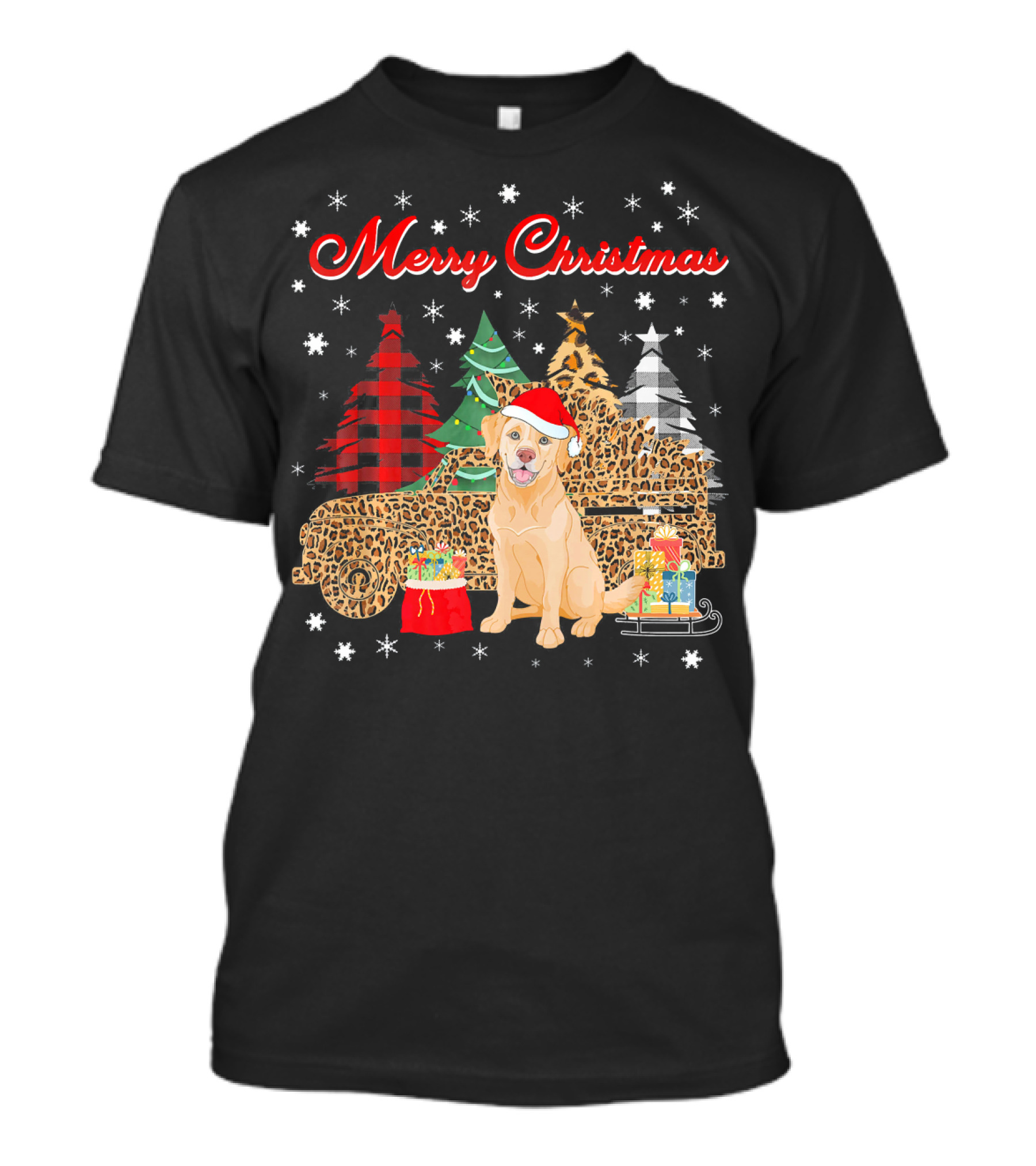 Merry Christmas Golden Retriever Leopard Plaid Truck Snowflakes T-Shirt