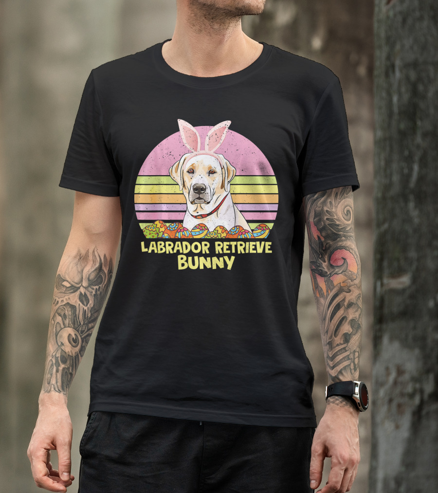 Labrador Retrieve Bunny Easter Eggs Pastel Stripes T-Shirt