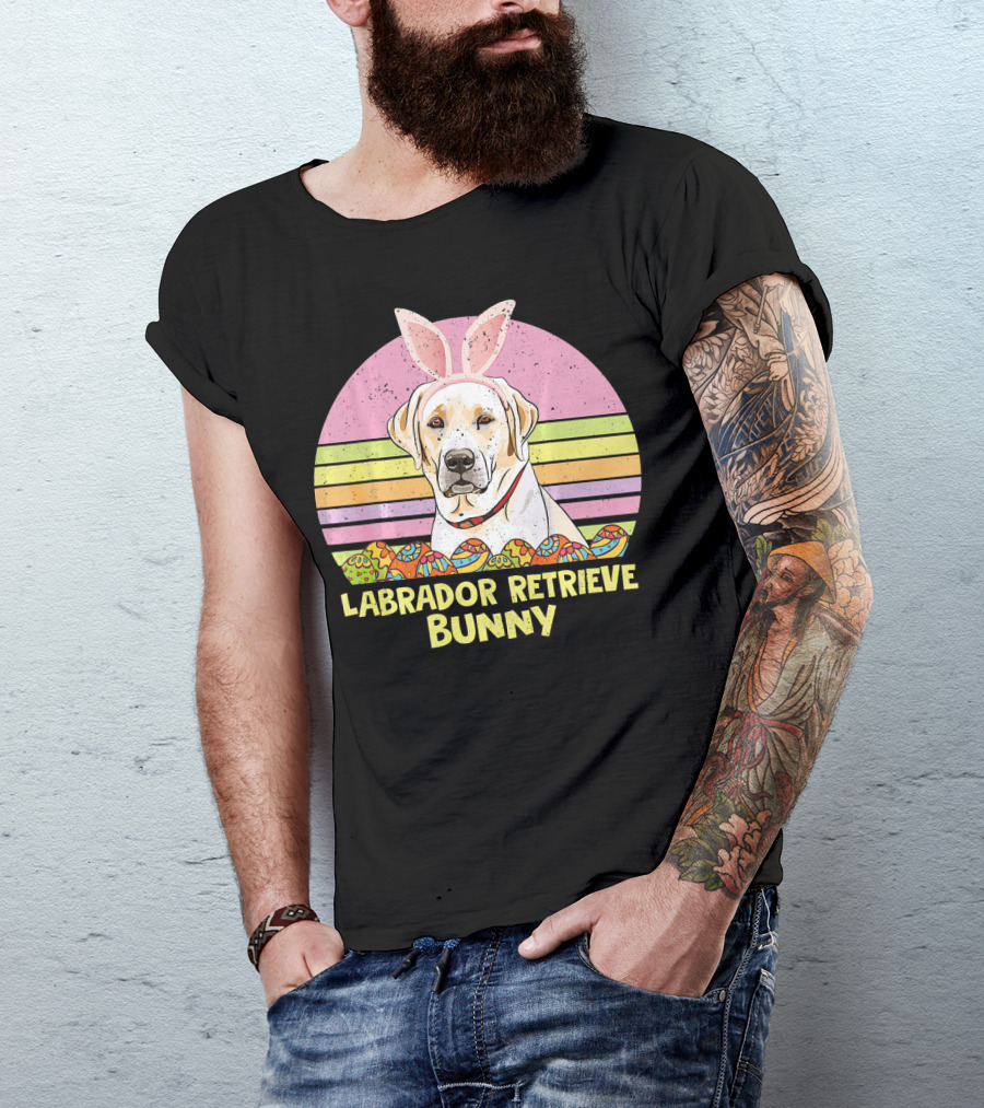 Labrador Retrieve Bunny Easter Eggs Pastel Stripes T-Shirt