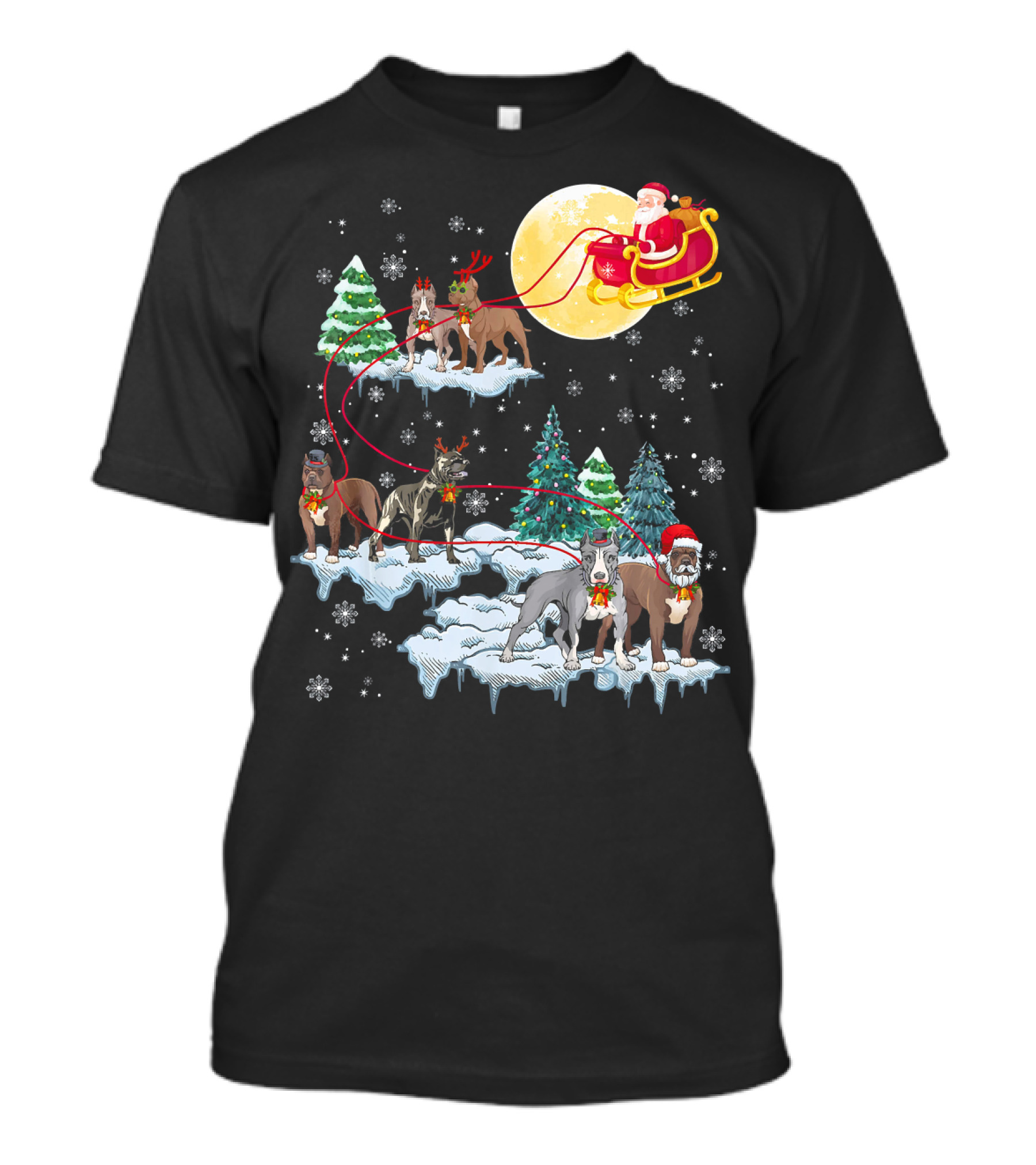 Santa Claus Sleigh Rides With Pit Bull Dogs In Winter Wonderland T-Shirt