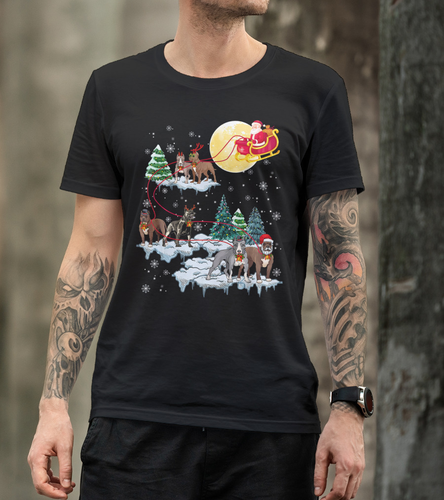 Santa Claus Sleigh Rides With Pit Bull Dogs In Winter Wonderland T-Shirt