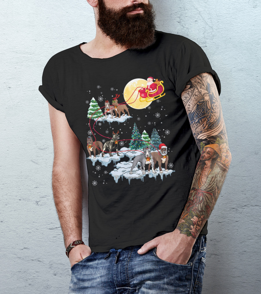 Santa Claus Sleigh Rides With Pit Bull Dogs In Winter Wonderland T-Shirt