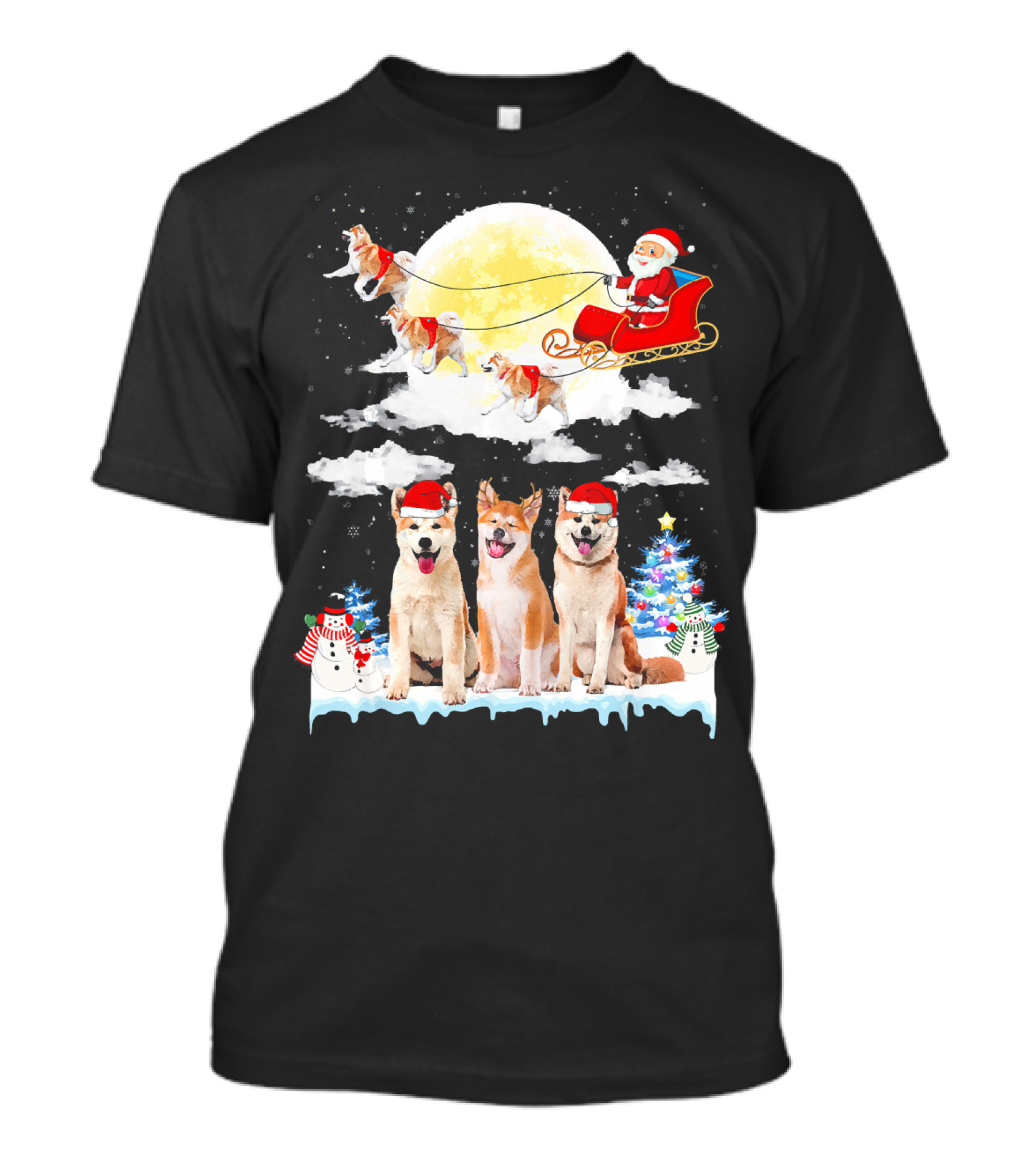 Akita Inu Dogs With Santa Sleigh Full Moon Christmas Scene T-Shirt