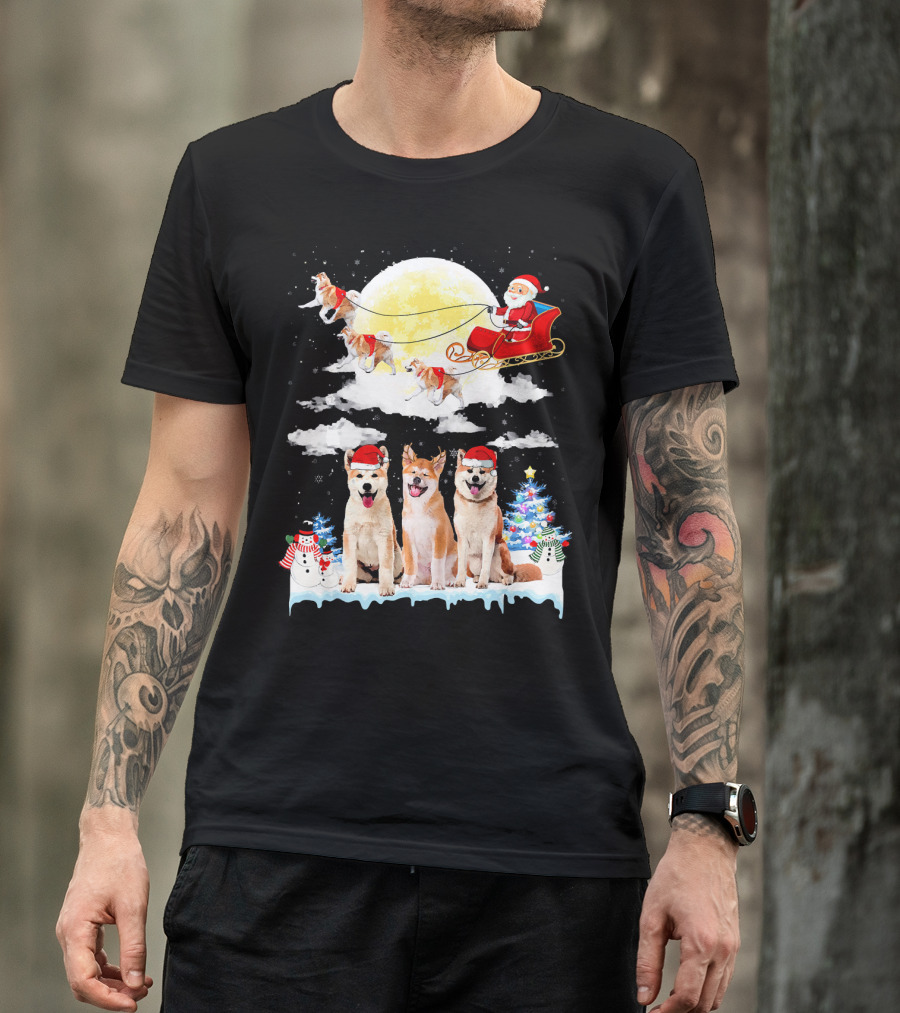 Akita Inu Dogs With Santa Sleigh Full Moon Christmas Scene T-Shirt