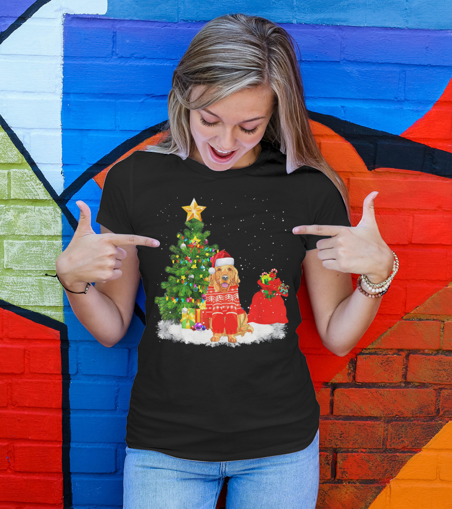 Golden Retriever Dog Matching Family Christmas Tree Santa Hat T-Shirt
