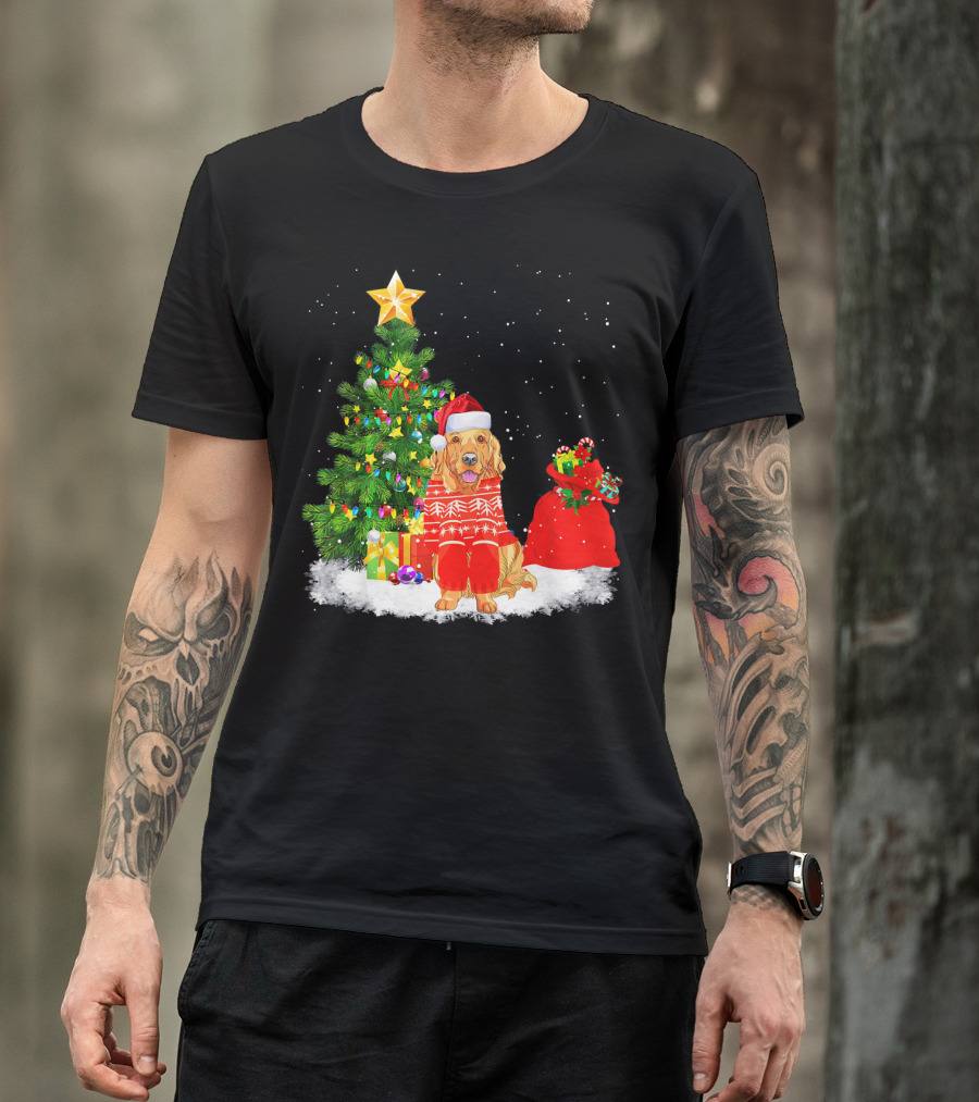 Golden Retriever Dog Matching Family Christmas Tree Santa Hat T-Shirt