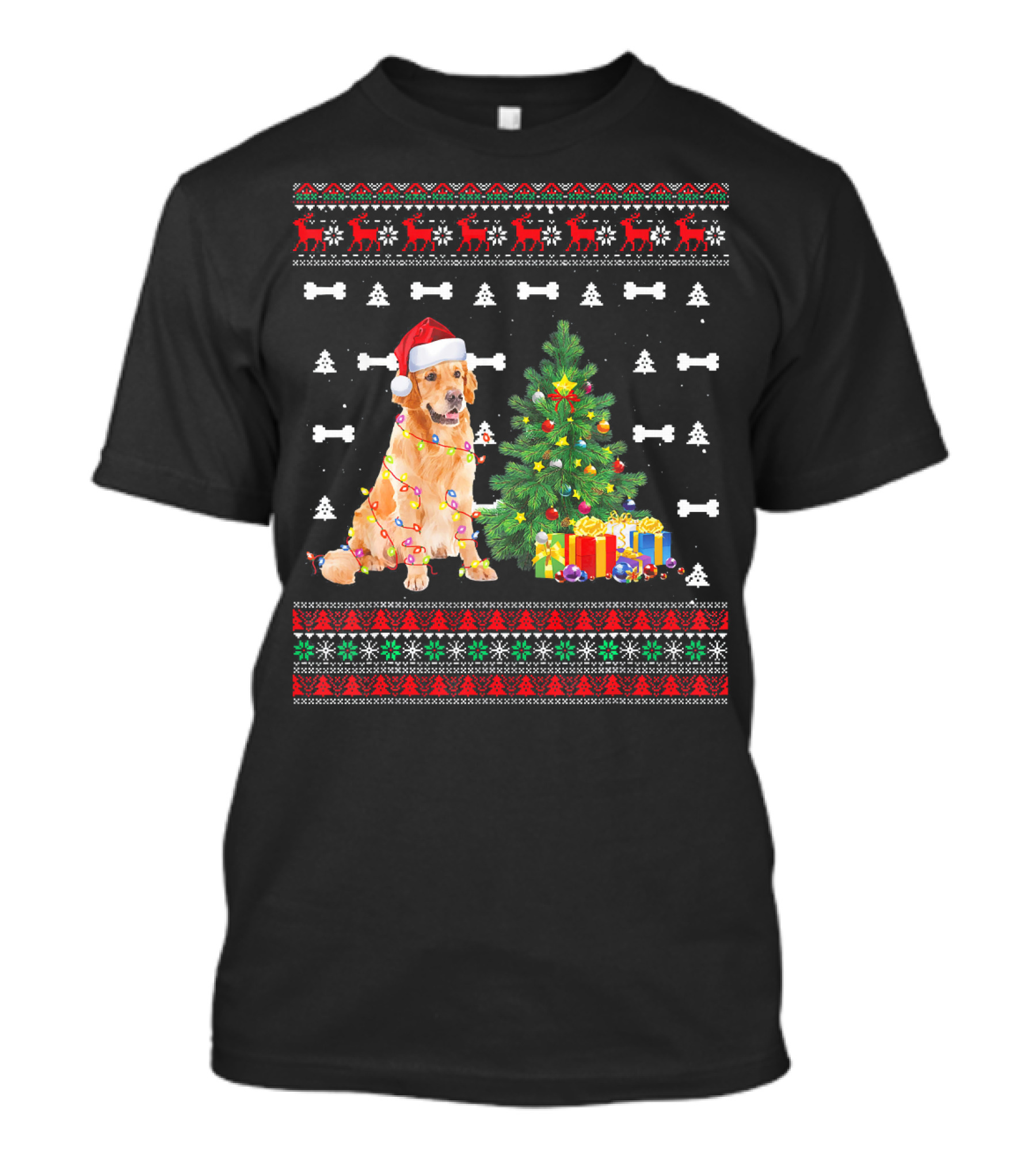 Golden Retriever Christmas Xmas Dog With Santa Hat And Holiday Tree T-Shirt