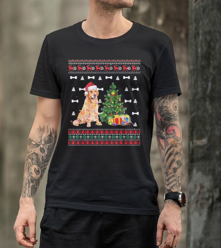 Golden Retriever Christmas Xmas Dog With Santa Hat And Holiday Tree T-Shirt
