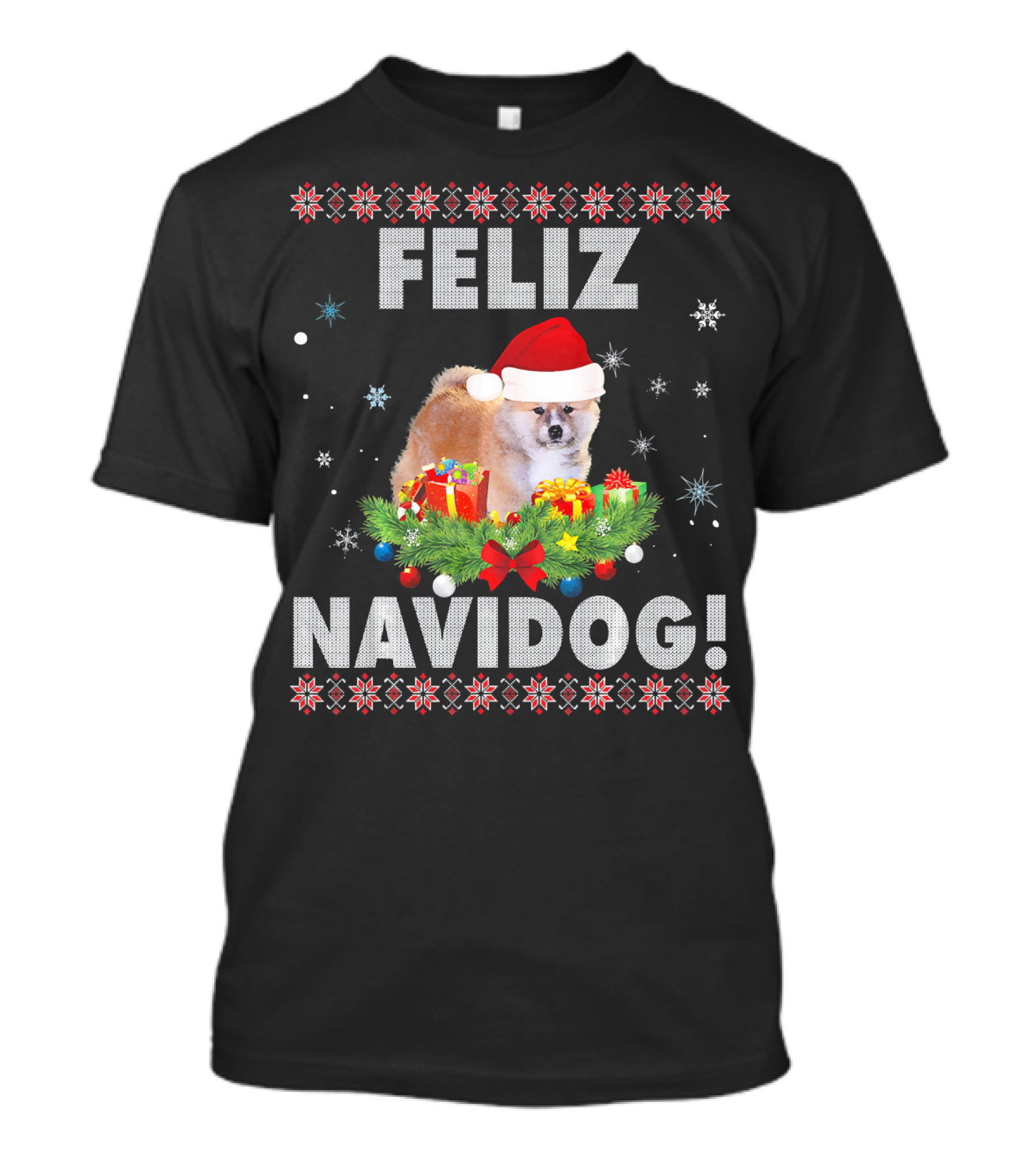 Feliz Navidog Akita Japanese Inu Dog Ugly Christmas Sweater Snowflakes Santa Hat T-Shirt