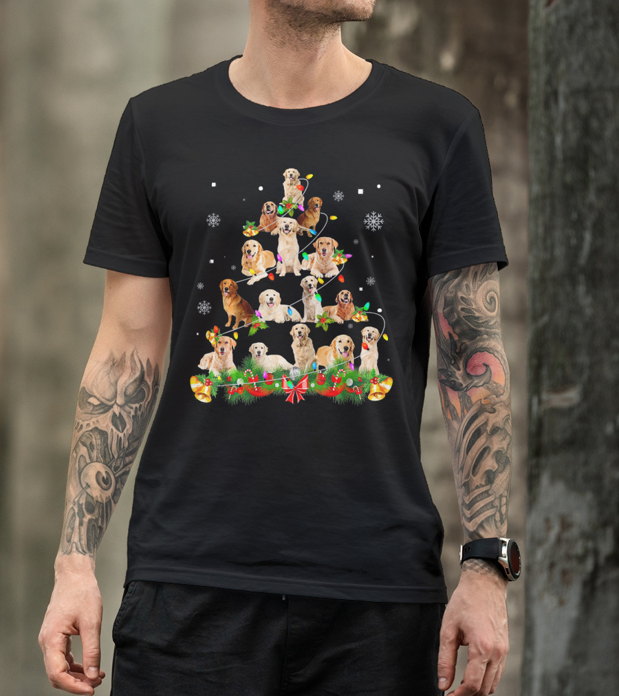 Funny Christmas Tree Golden Retrievers With Lights And Snowflakes T-Shirt