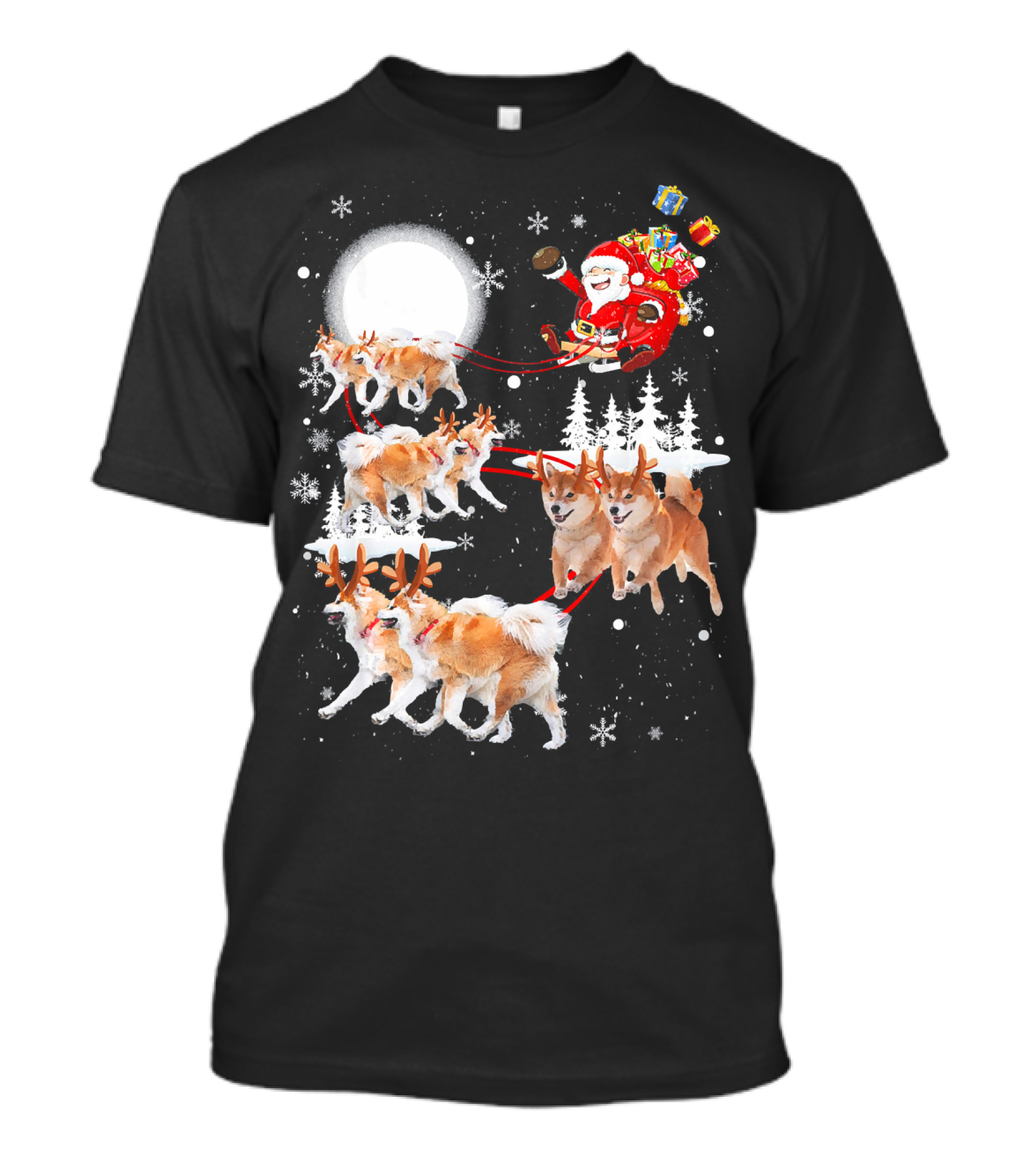 Akita Dogs Dressed As Reindeer Pulling Santa's Sleigh Under The Moon With Christmas Gifts T-Shirt
