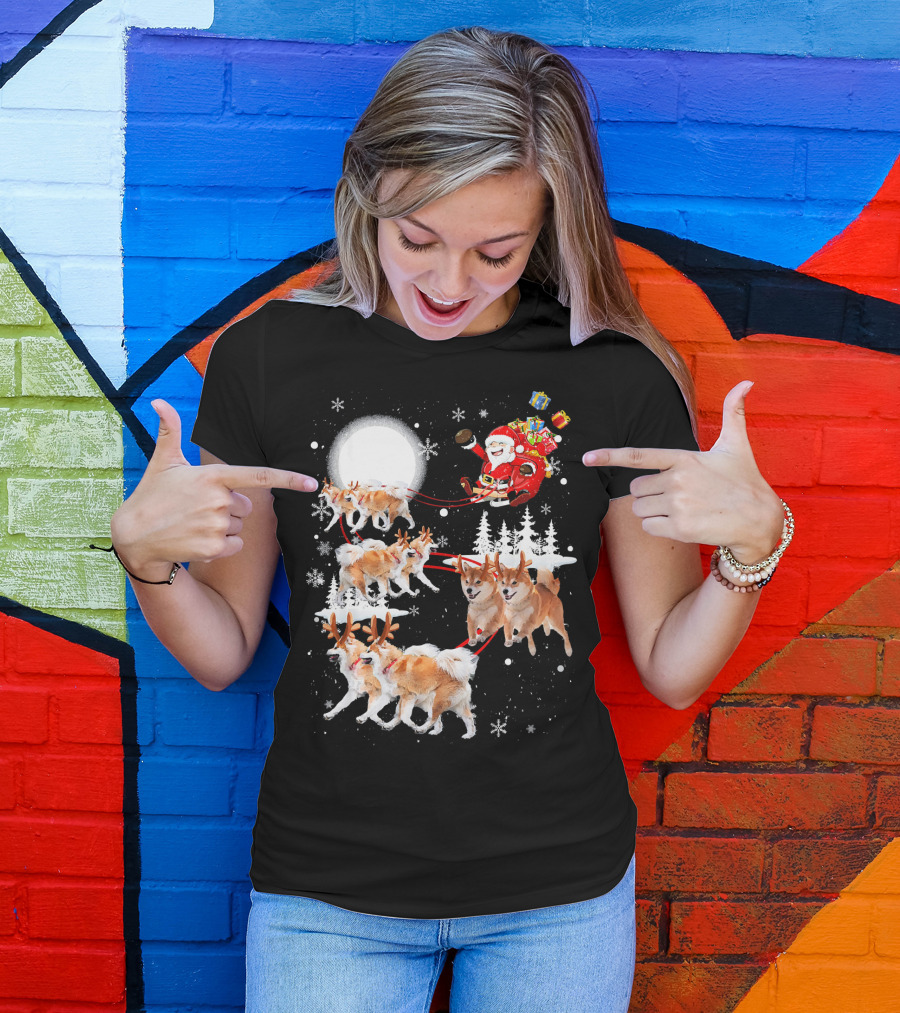 Akita Dogs Dressed As Reindeer Pulling Santa's Sleigh Under The Moon With Christmas Gifts T-Shirt