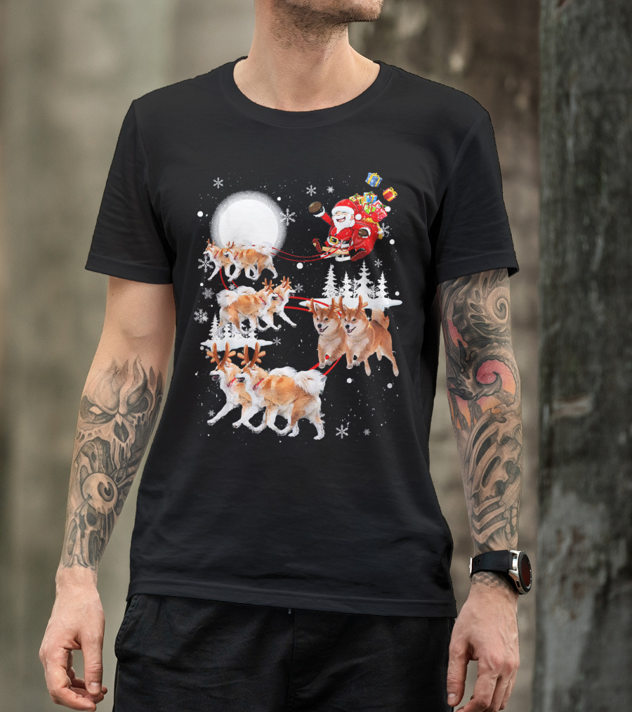 Akita Dogs Dressed As Reindeer Pulling Santa's Sleigh Under The Moon With Christmas Gifts T-Shirt