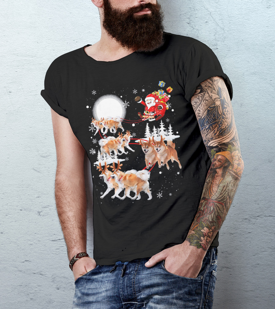 Akita Dogs Dressed As Reindeer Pulling Santa's Sleigh Under The Moon With Christmas Gifts T-Shirt