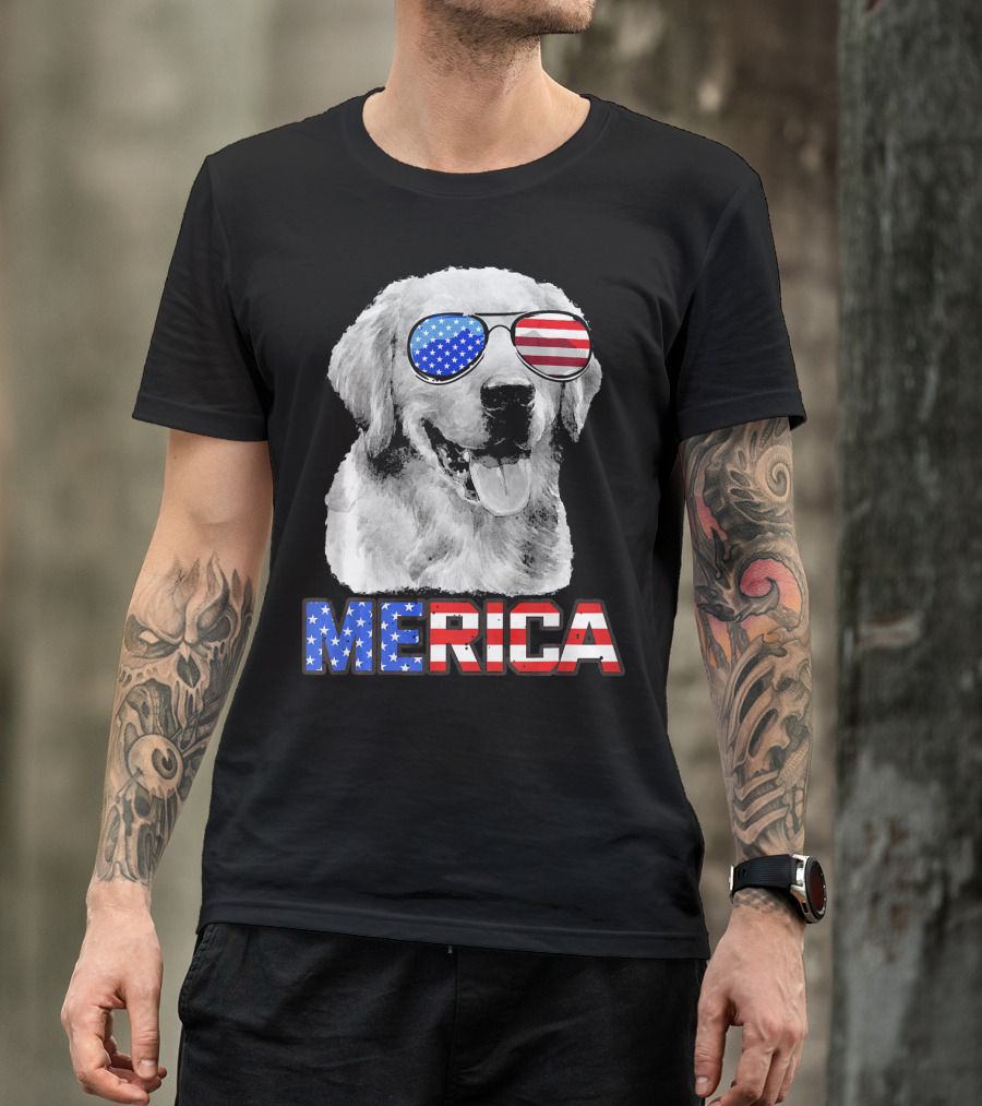 Golden Retriever Merica 4th July Sunglasses Patriotic Dog T-Shirt