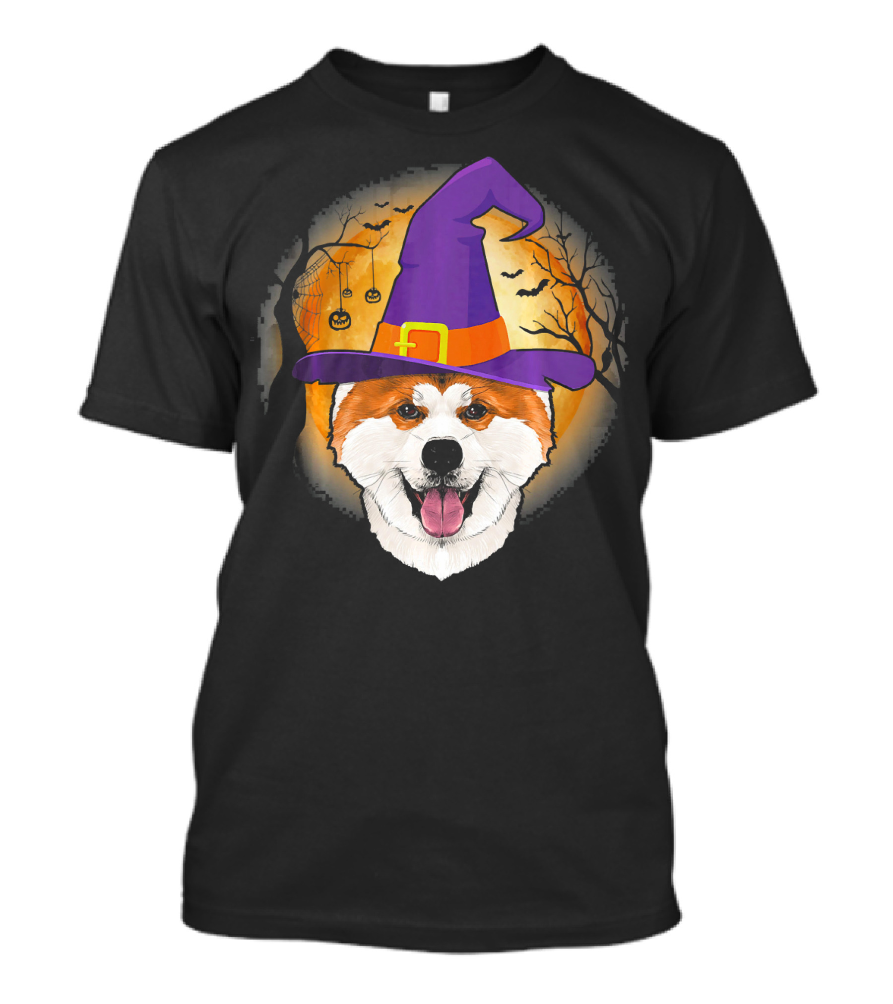 Akita Witch Halloween Hat And Jack-o'-Lantern Moon Scene T-Shirt
