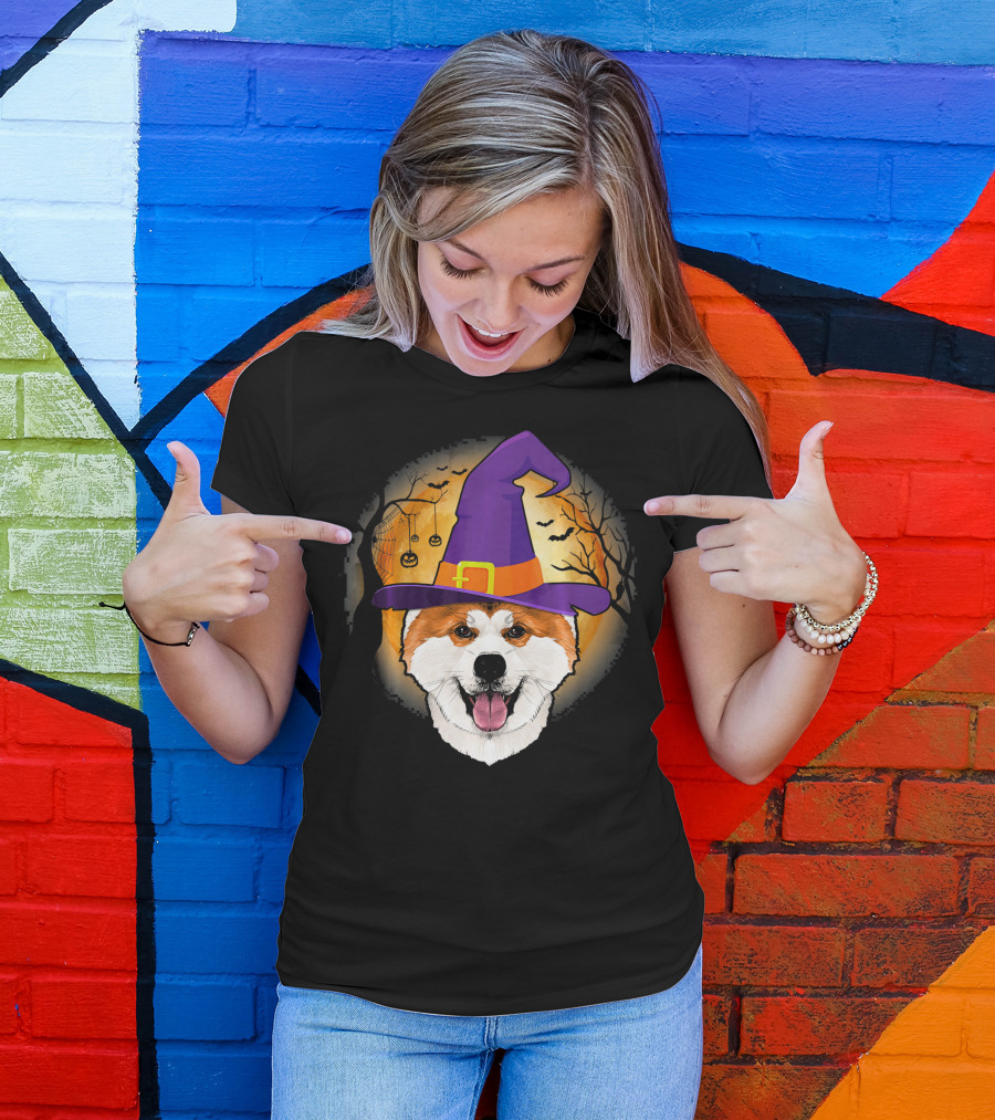 Akita Witch Halloween Hat And Jack-o'-Lantern Moon Scene T-Shirt