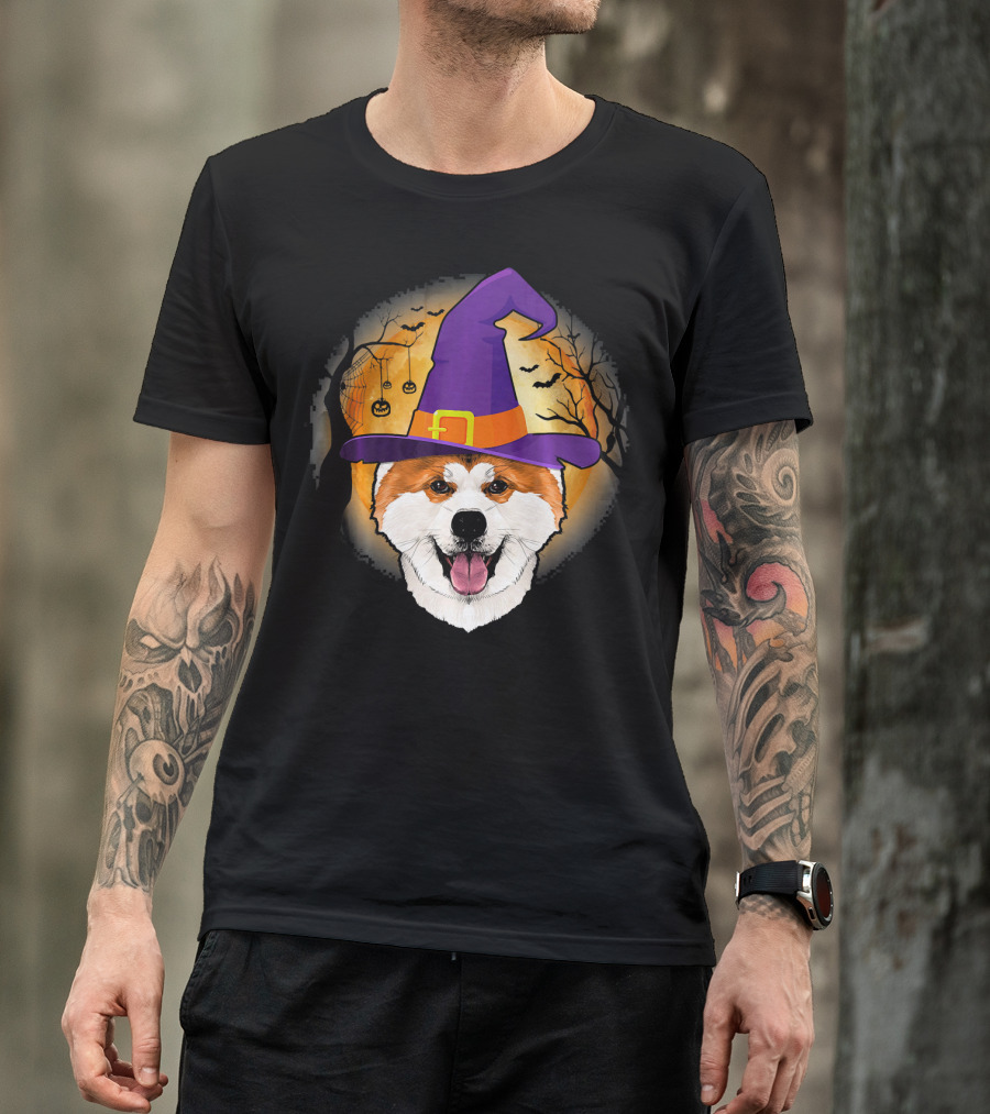 Akita Witch Halloween Hat And Jack-o'-Lantern Moon Scene T-Shirt