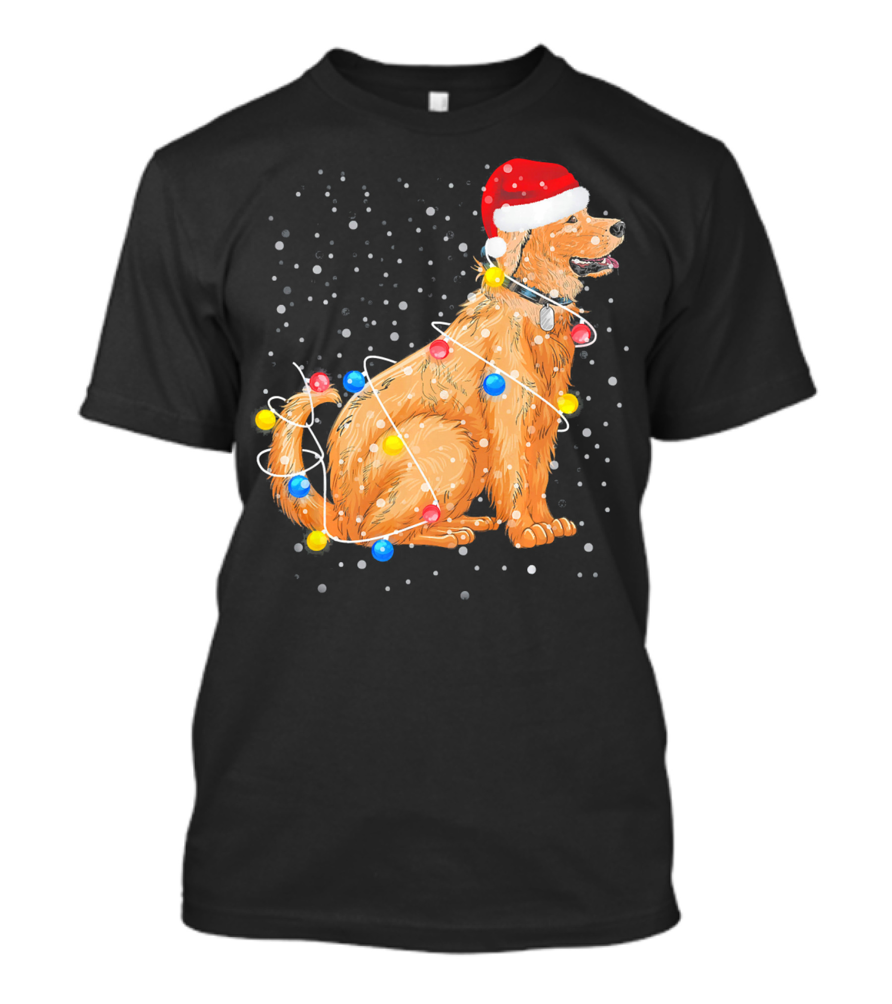 Golden Retriever In Santa Hat Wrapped With Christmas Lights T-Shirt