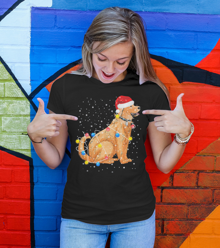 Golden Retriever In Santa Hat Wrapped With Christmas Lights T-Shirt