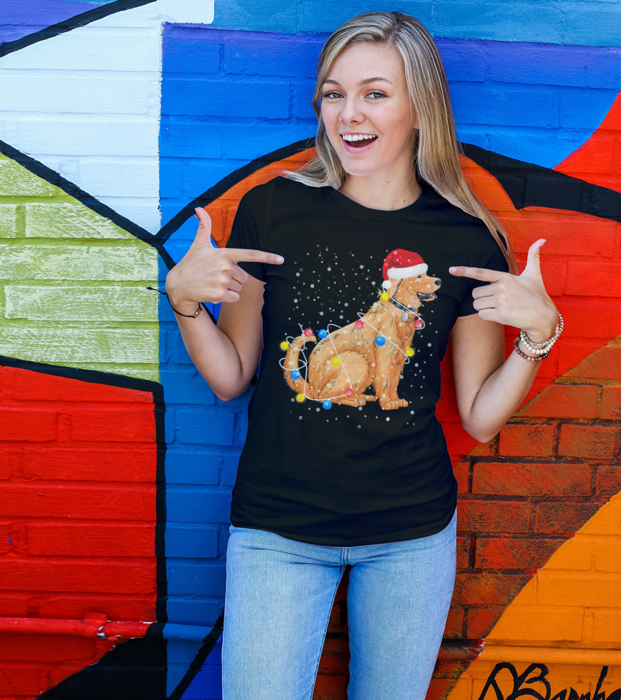 Golden Retriever In Santa Hat Wrapped With Christmas Lights T-Shirt