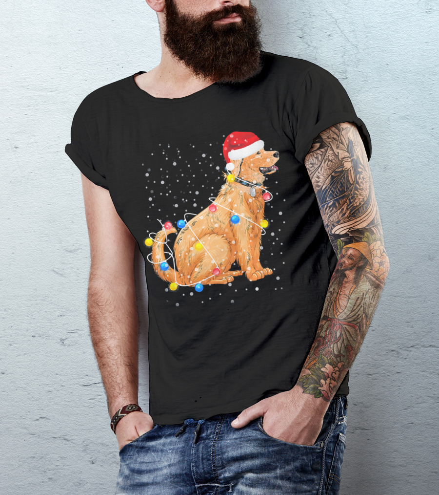 Golden Retriever In Santa Hat Wrapped With Christmas Lights T-Shirt