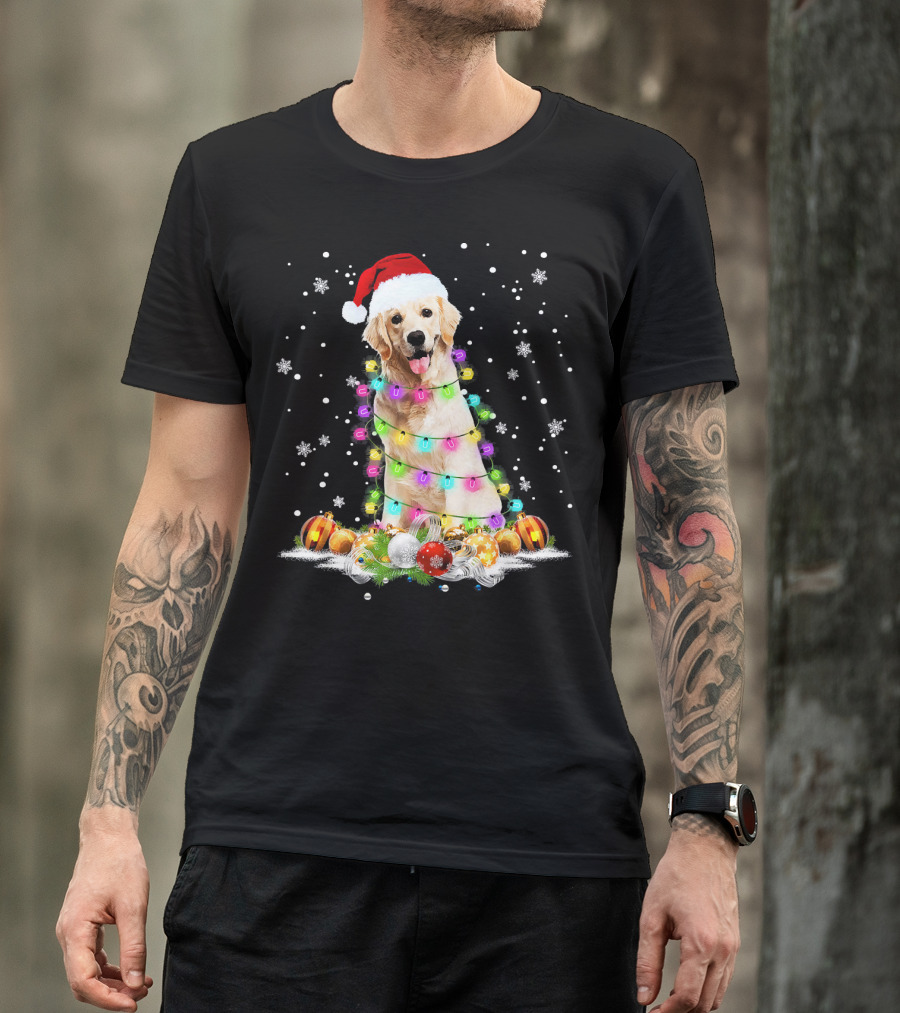 Golden Retriever Wrapped In Christmas Lights With Santa Hat And Ornaments T-Shirt