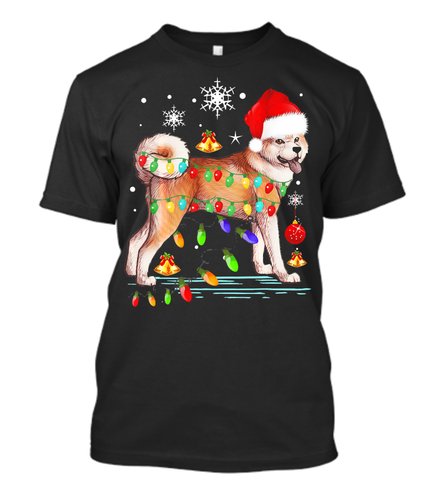 Christmas Lights Akita Dog Santa Hat Snowflakes And Bells T-Shirt
