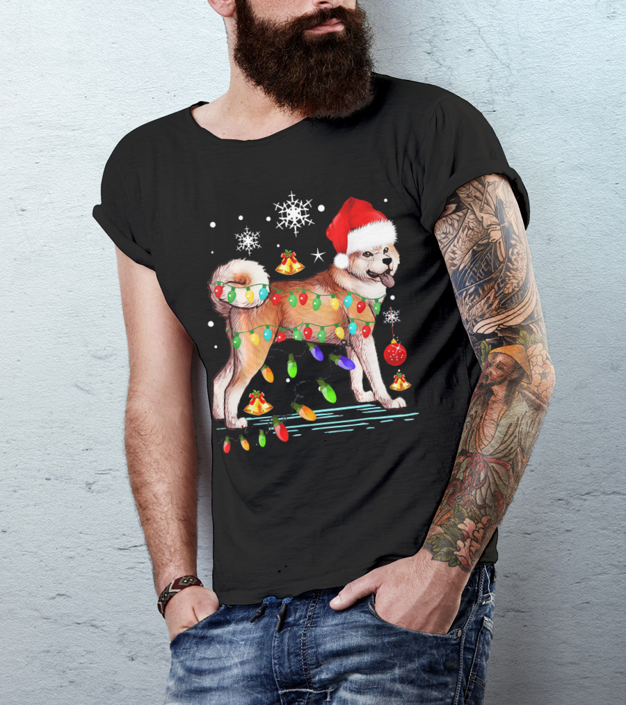Christmas Lights Akita Dog Santa Hat Snowflakes And Bells T-Shirt