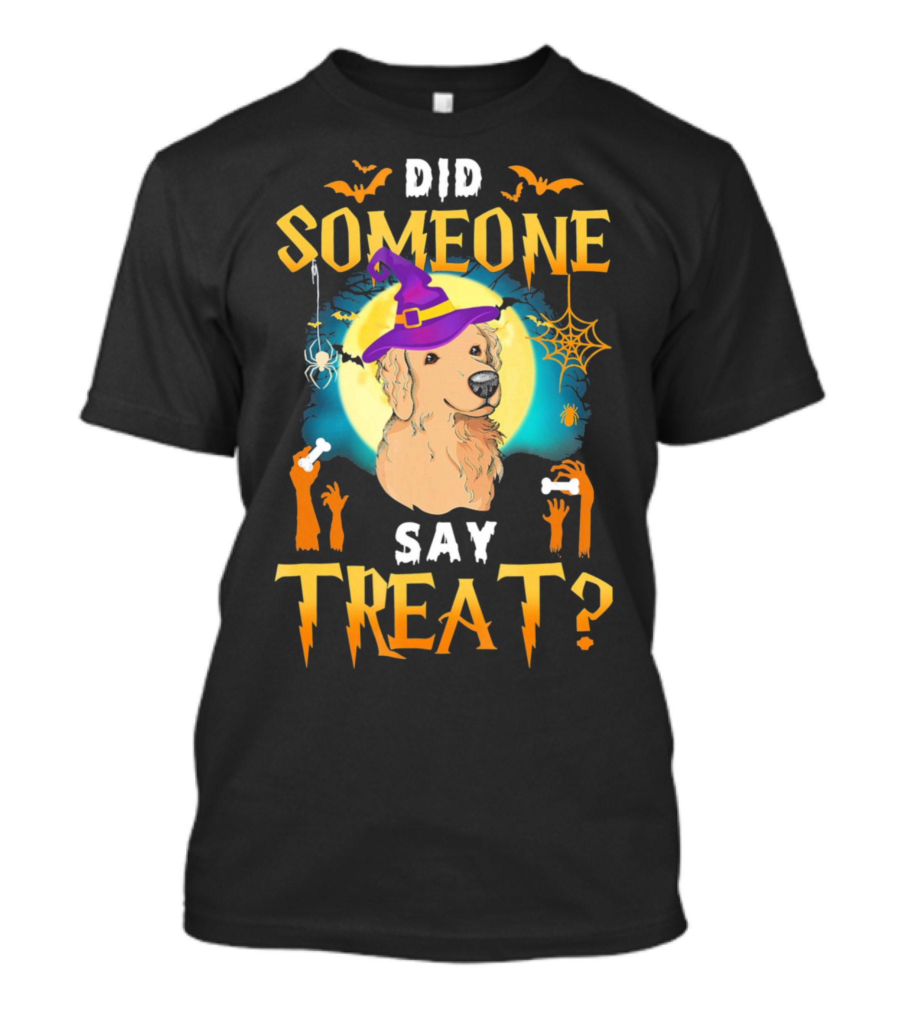 Did Someone Say Treat Golden Retriever Halloween Moon Bat Witch Hat T-Shirt