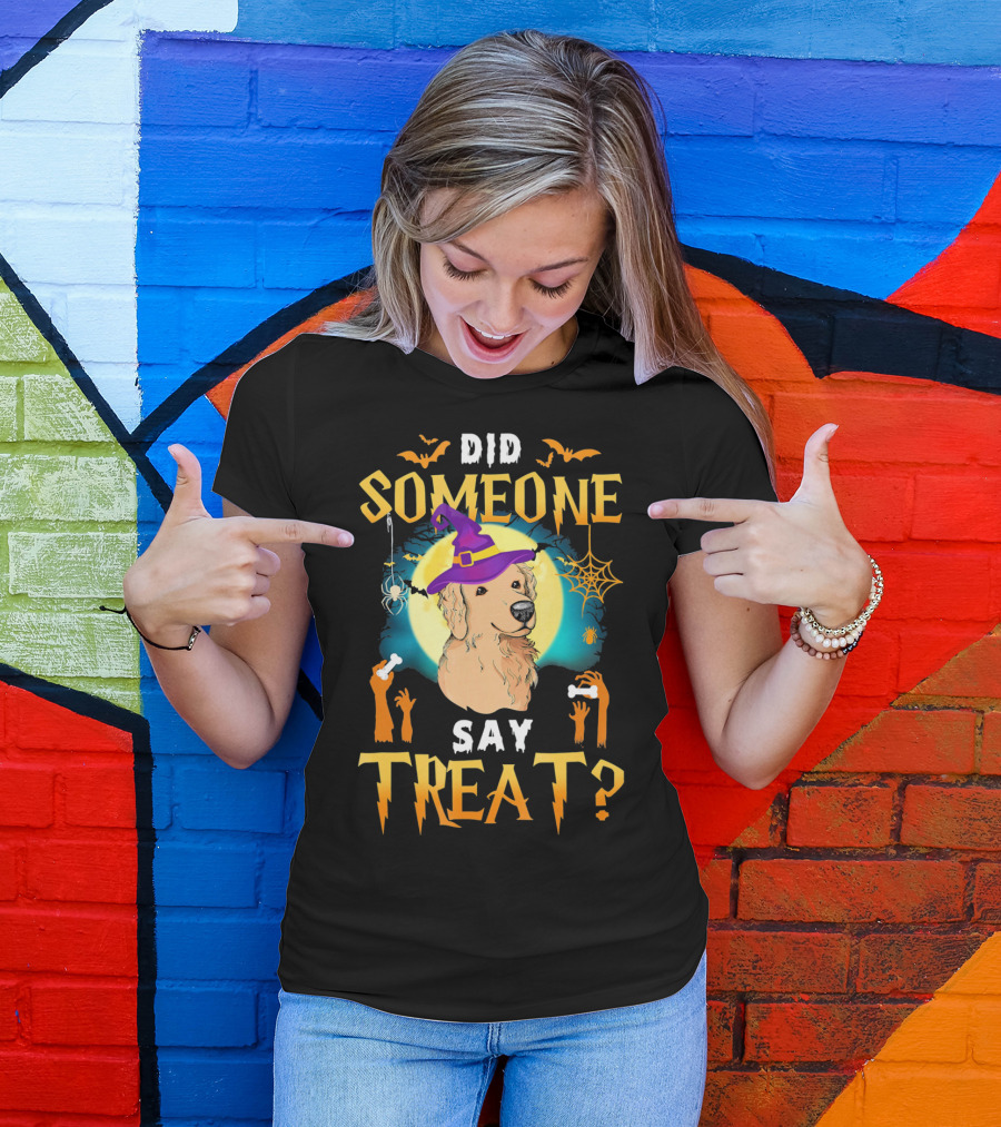 Did Someone Say Treat Golden Retriever Halloween Moon Bat Witch Hat T-Shirt