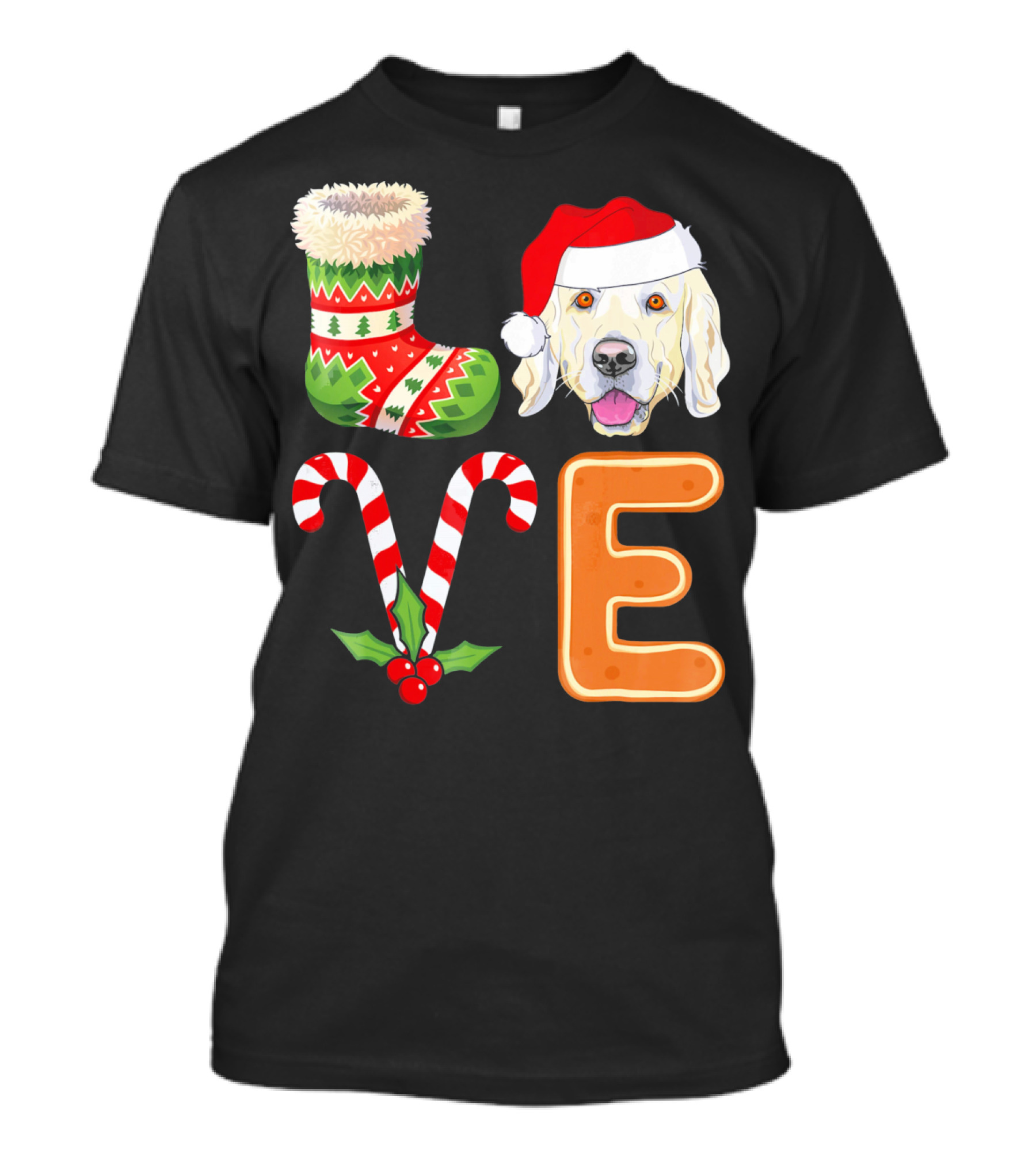 Golden Retriever Lover Xmas Stocking Candy Cane Gingerbread Letter E Christmas Santa Hat T-Shirt
