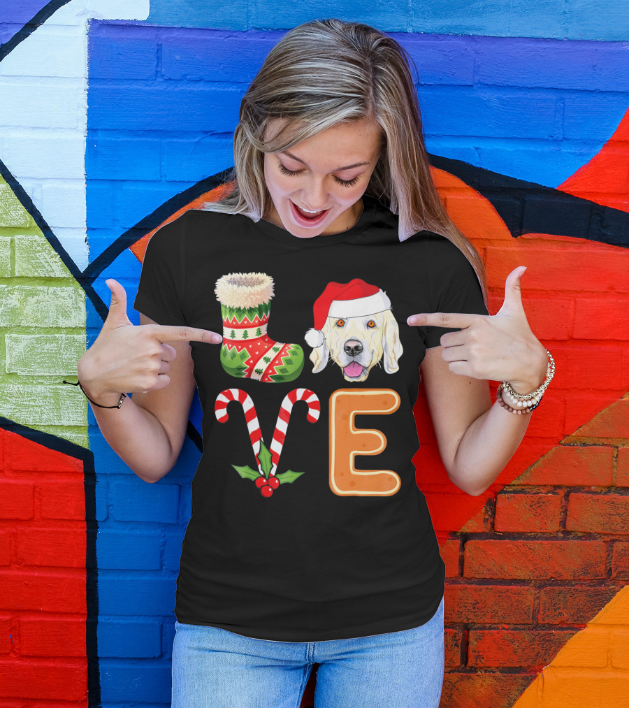Golden Retriever Lover Xmas Stocking Candy Cane Gingerbread Letter E Christmas Santa Hat T-Shirt
