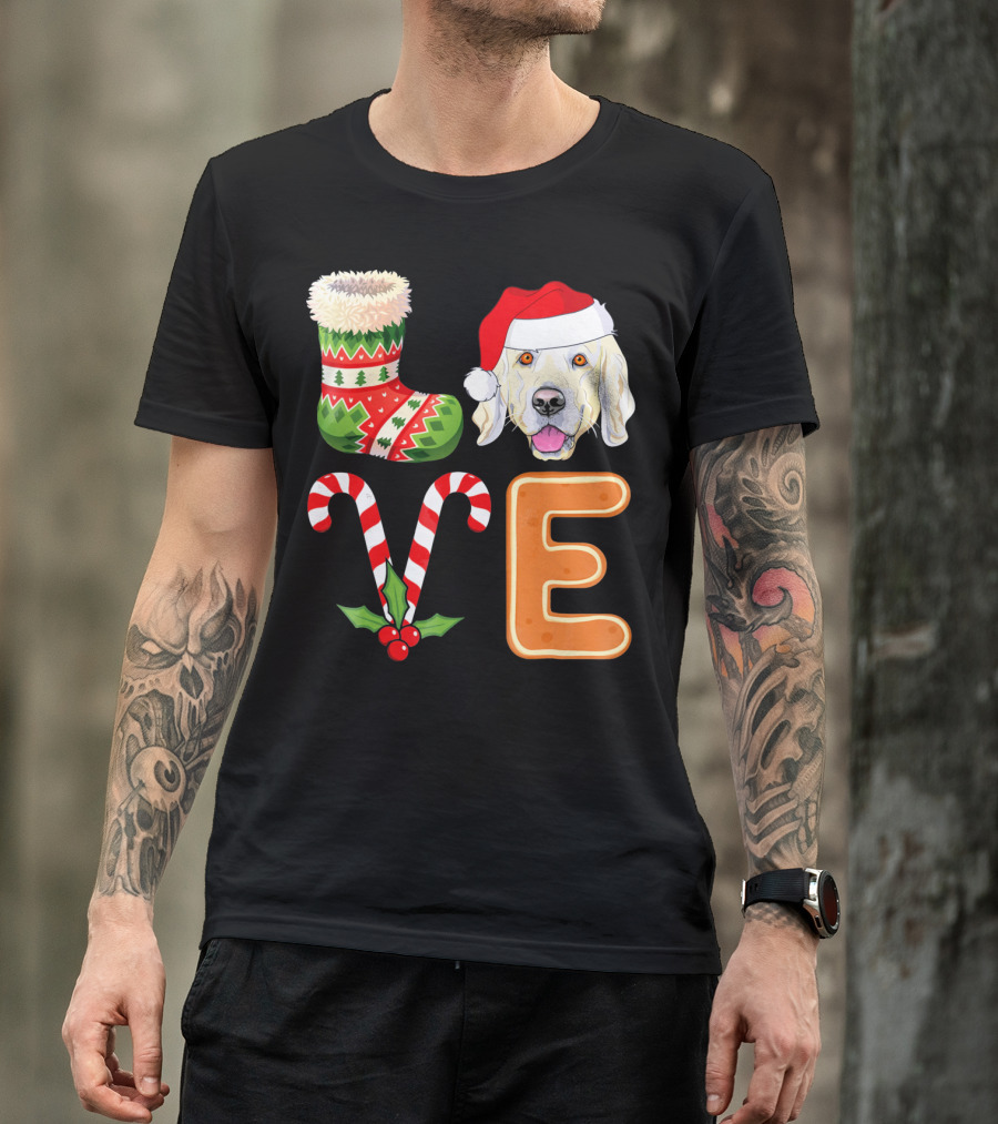 Golden Retriever Lover Xmas Stocking Candy Cane Gingerbread Letter E Christmas Santa Hat T-Shirt