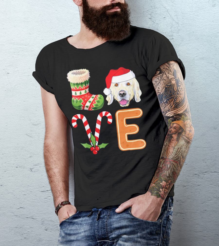 Golden Retriever Lover Xmas Stocking Candy Cane Gingerbread Letter E Christmas Santa Hat T-Shirt