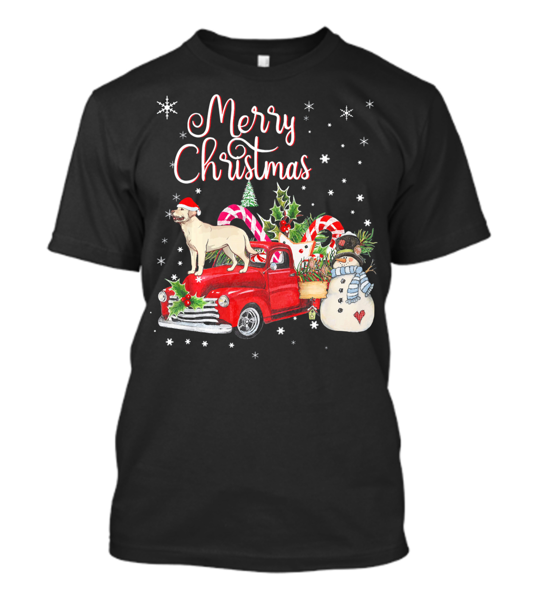 Merry Christmas Labrador Retriever Red Truck Snowman And Candy Canes T-Shirt