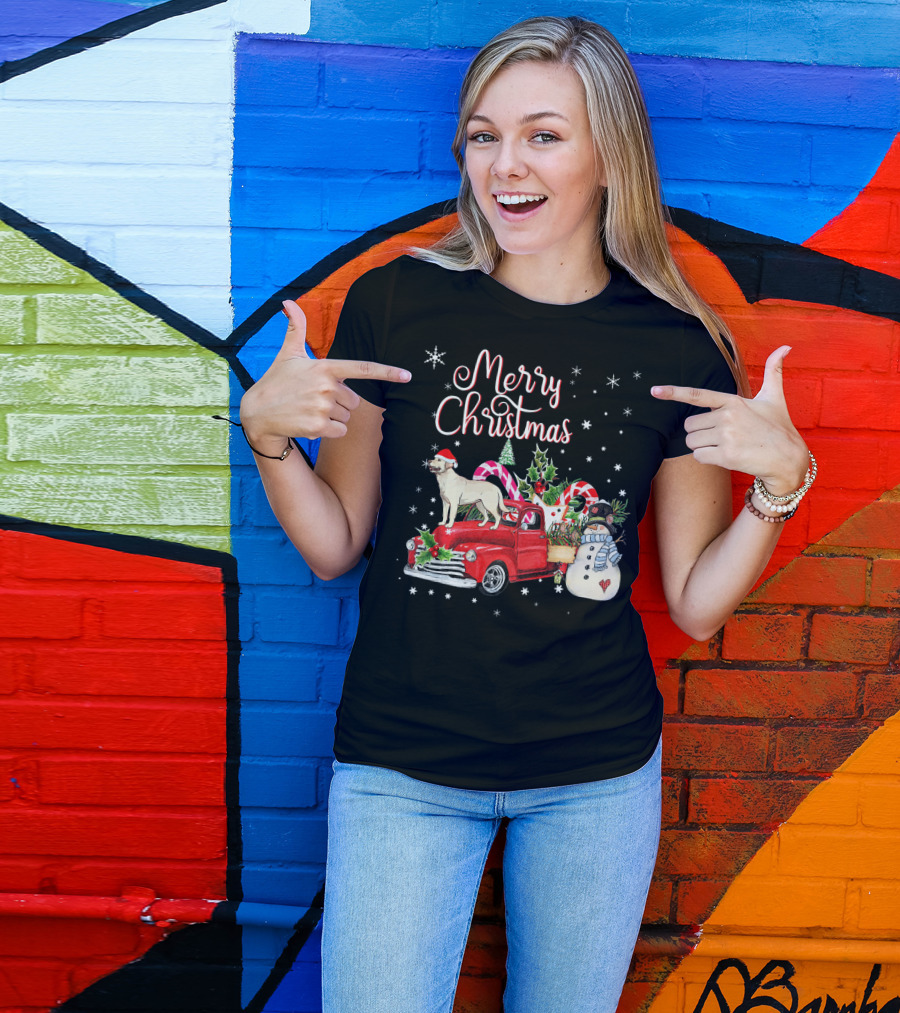 Merry Christmas Labrador Retriever Red Truck Snowman And Candy Canes T-Shirt