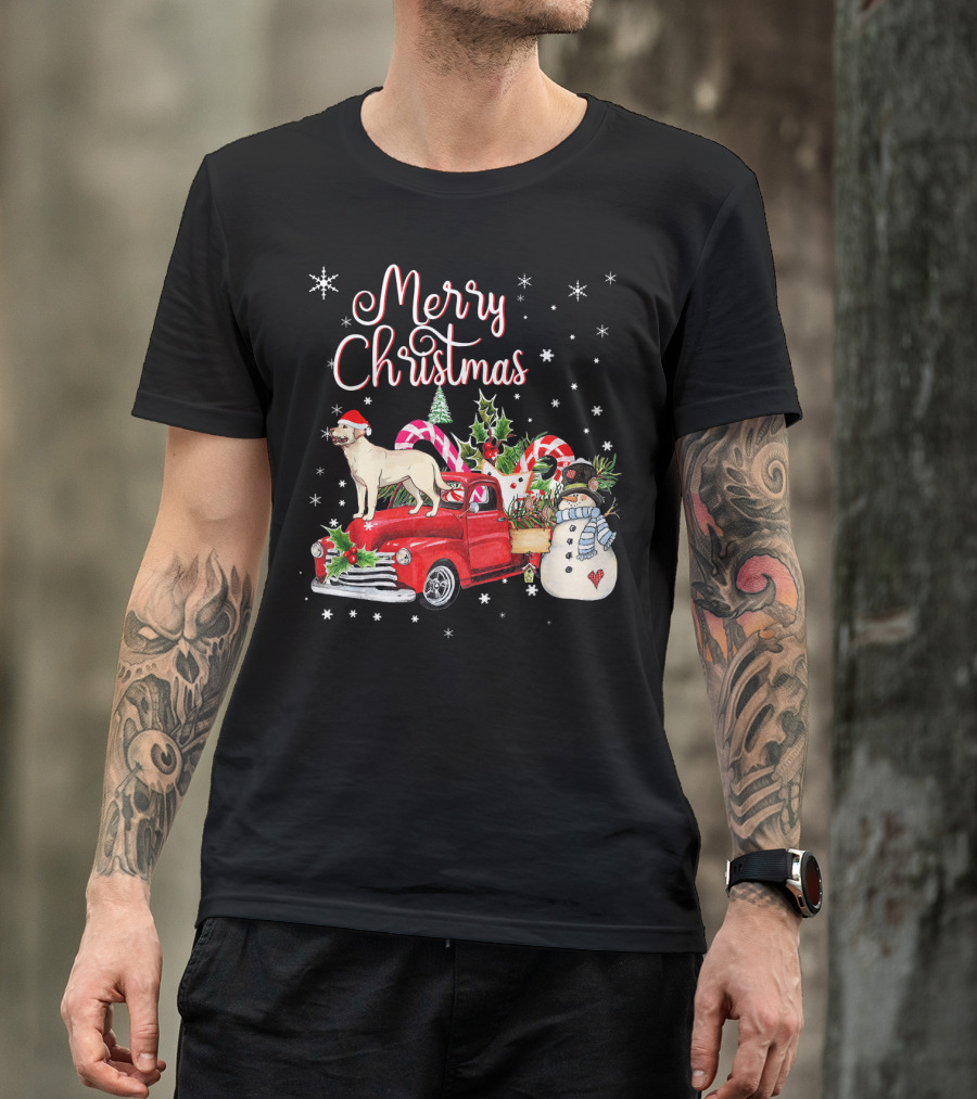 Merry Christmas Labrador Retriever Red Truck Snowman And Candy Canes T-Shirt