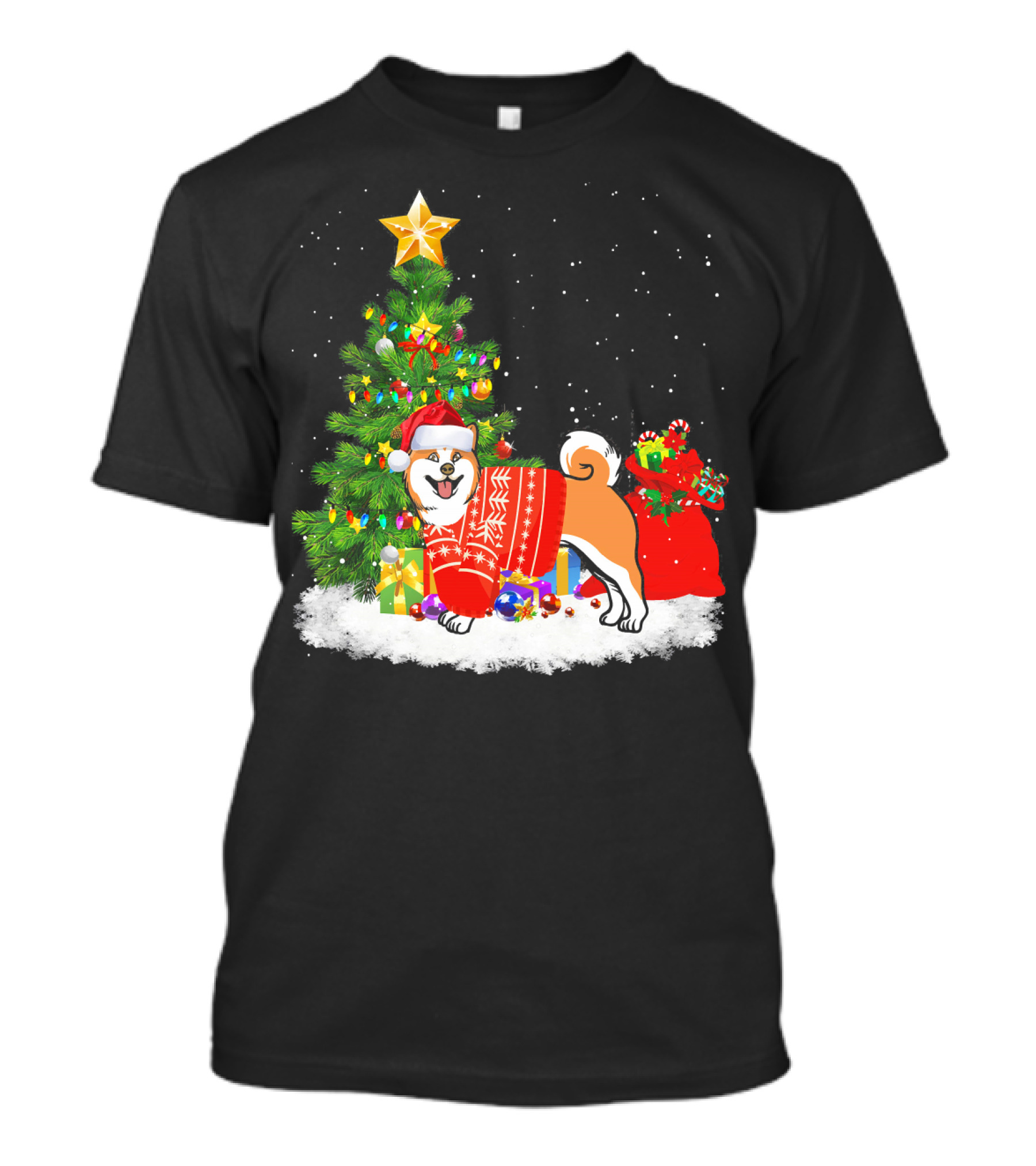 Akita Dog In Festive Christmas Sweater By Decorated Tree T-Shirt