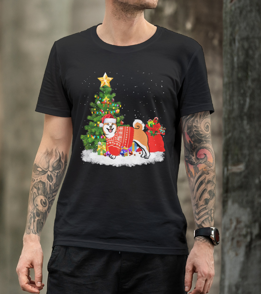 Akita Dog In Festive Christmas Sweater By Decorated Tree T-Shirt
