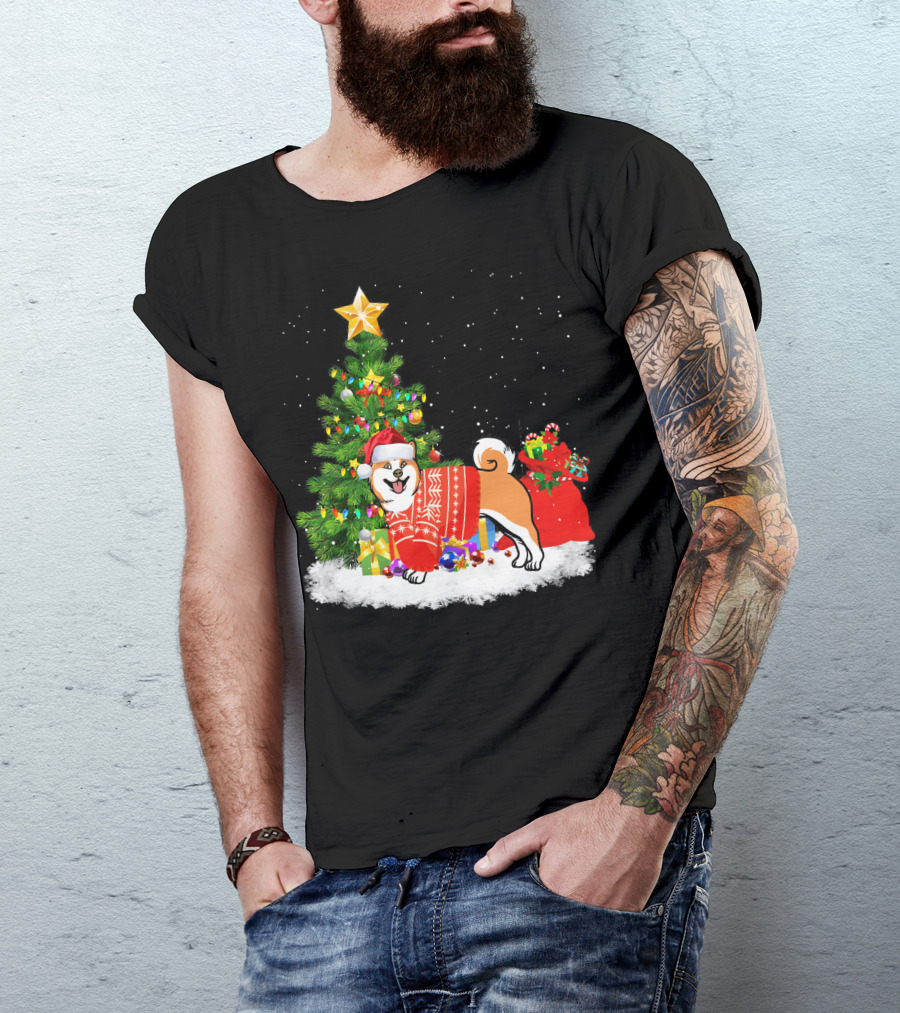 Akita Dog In Festive Christmas Sweater By Decorated Tree T-Shirt