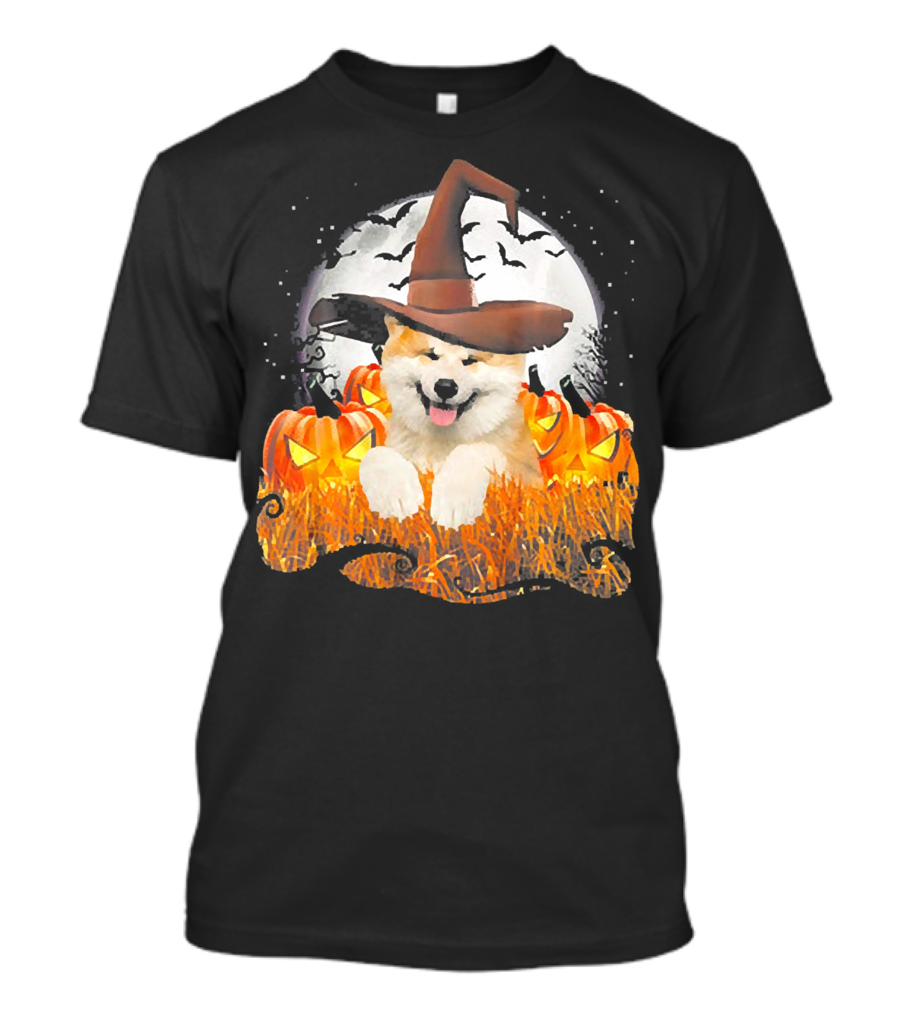 Akita Halloween Cute Dog Witch With Pumpkins And Full Moon T-Shirt