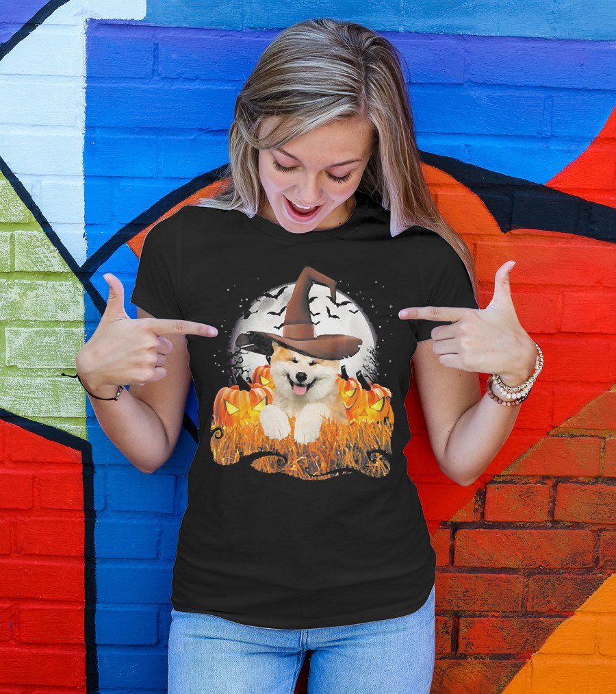 Akita Halloween Cute Dog Witch With Pumpkins And Full Moon T-Shirt