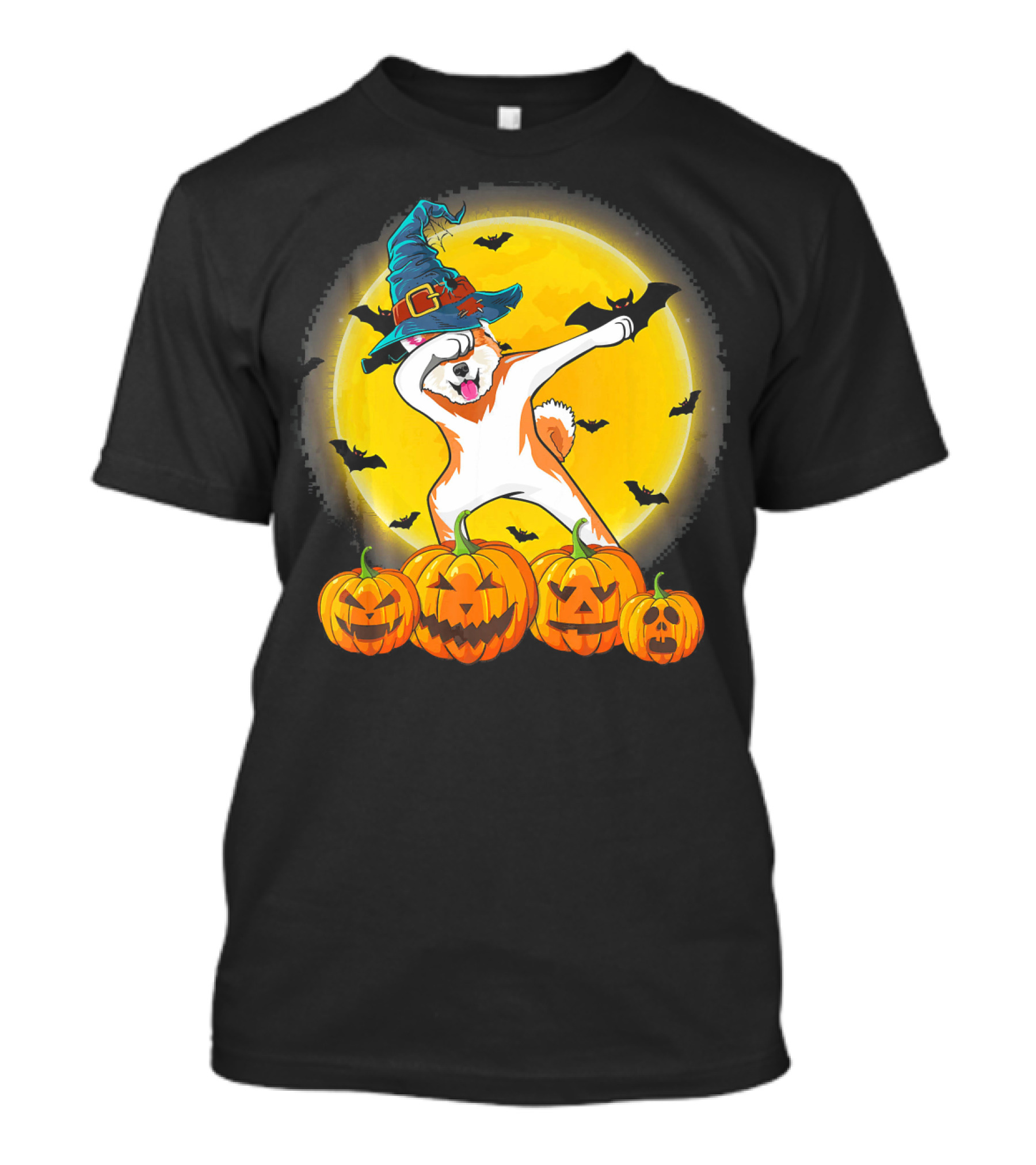 Dabbing Akita Dog In Witch Hat With Pumpkins And Full Moon Halloween Scene T-Shirt