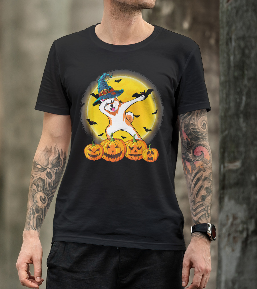 Dabbing Akita Dog In Witch Hat With Pumpkins And Full Moon Halloween Scene T-Shirt