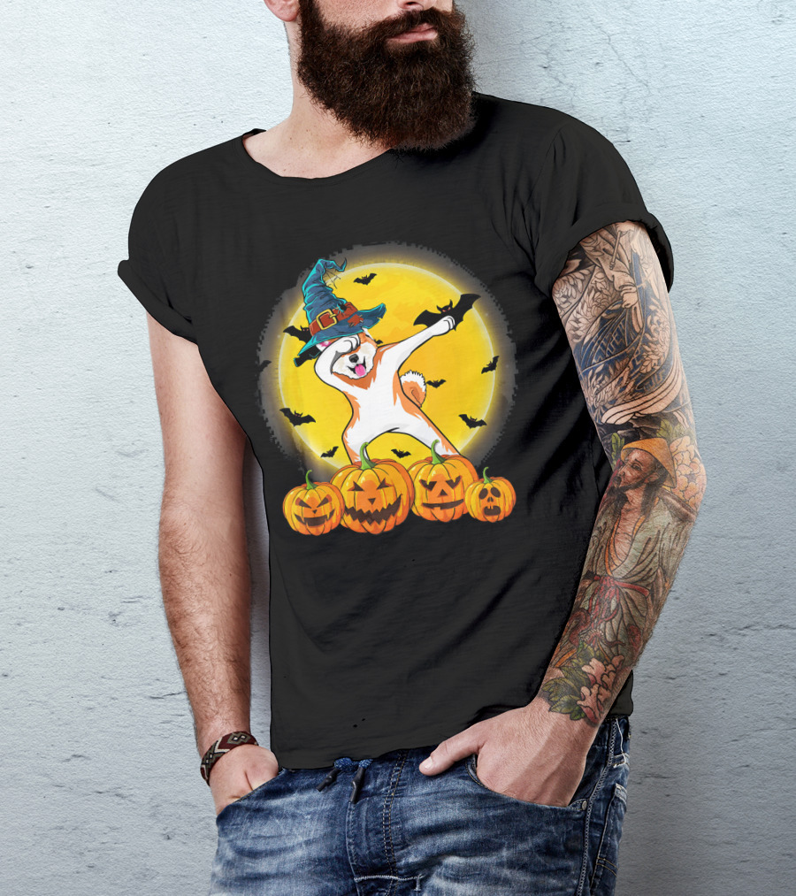 Dabbing Akita Dog In Witch Hat With Pumpkins And Full Moon Halloween Scene T-Shirt