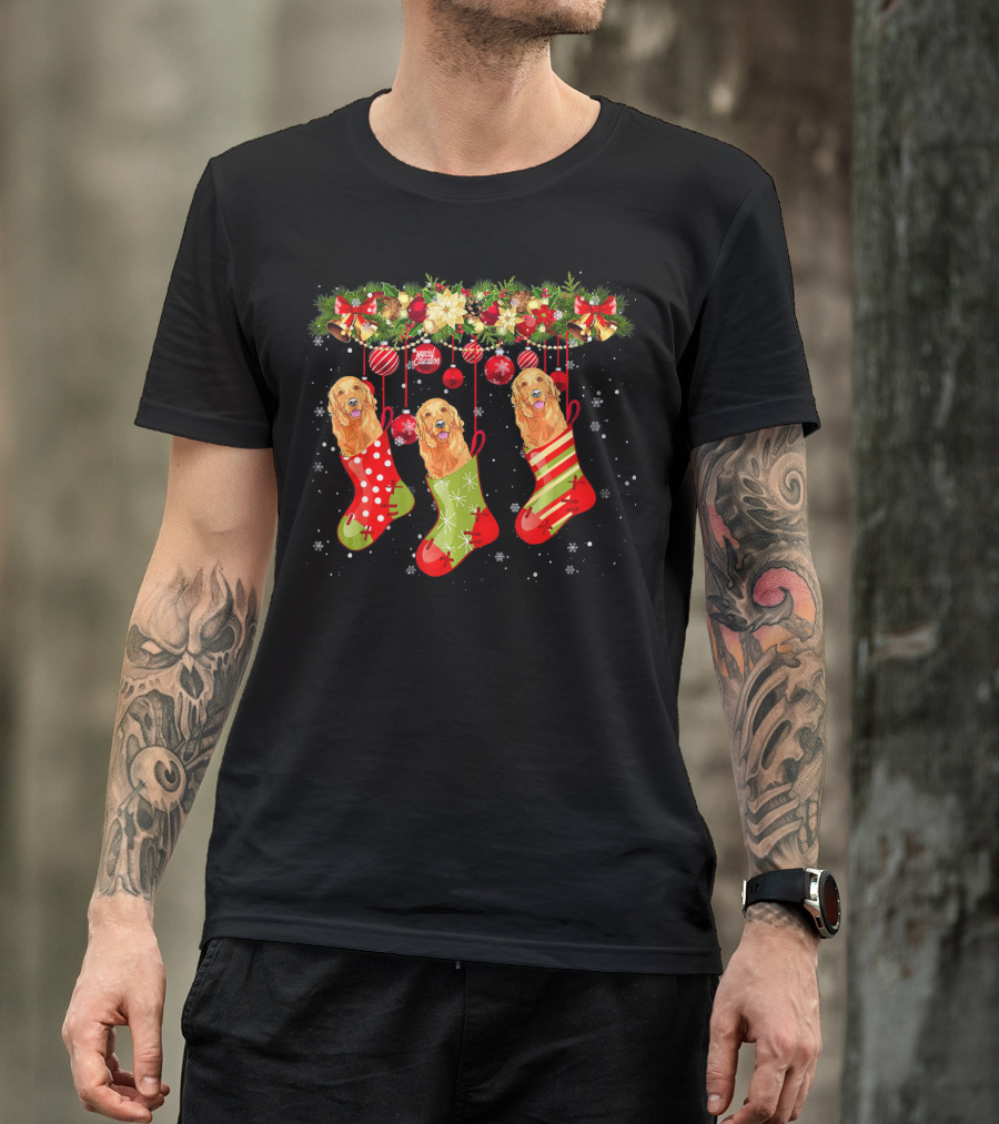 Funny Merry Christmas Golden Retriever Festive Holiday Stockings T-Shirt
